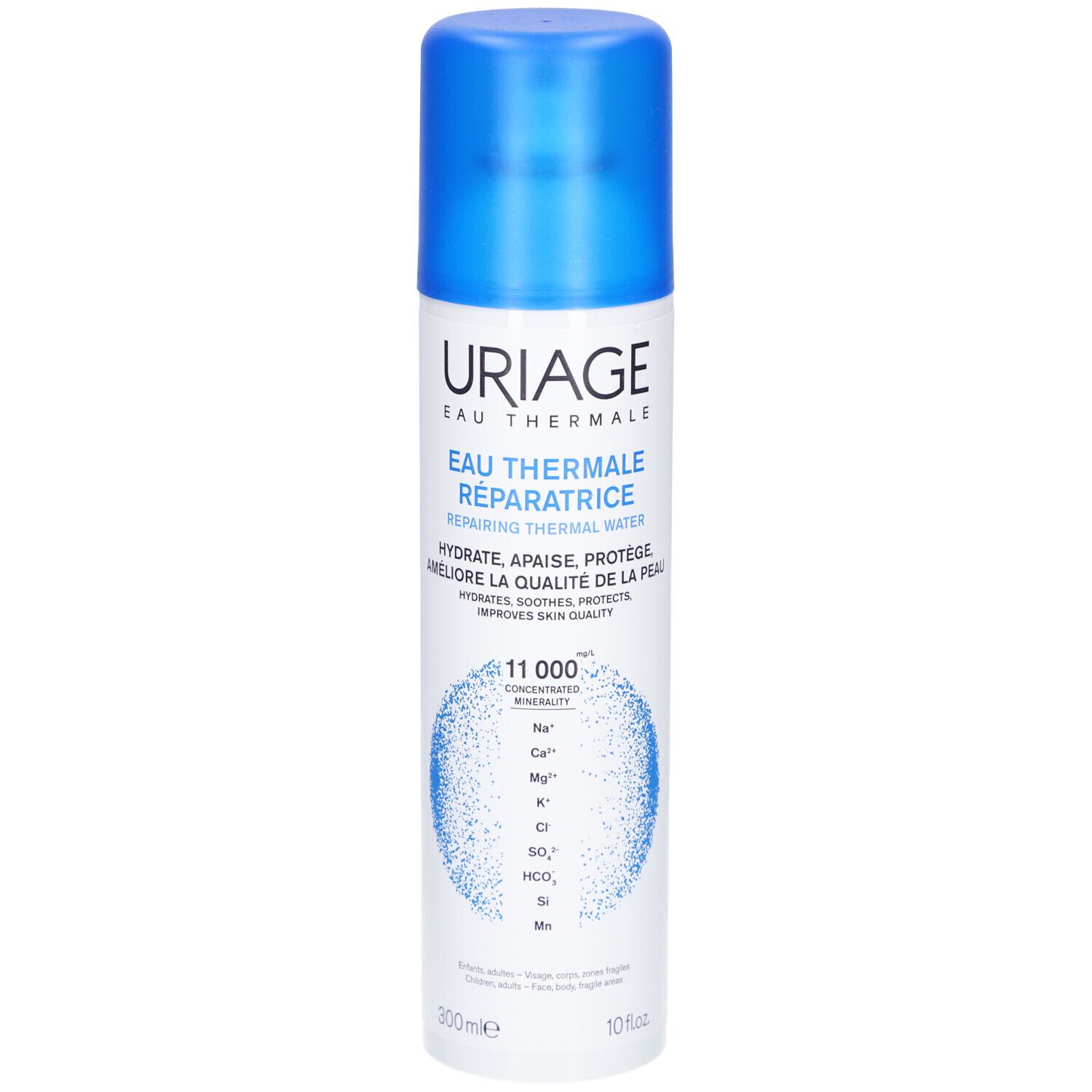 Spray Uriage Eau Thermale. Flacone blu con tappo blu. Testo: Eau Thermale Réparatrice.