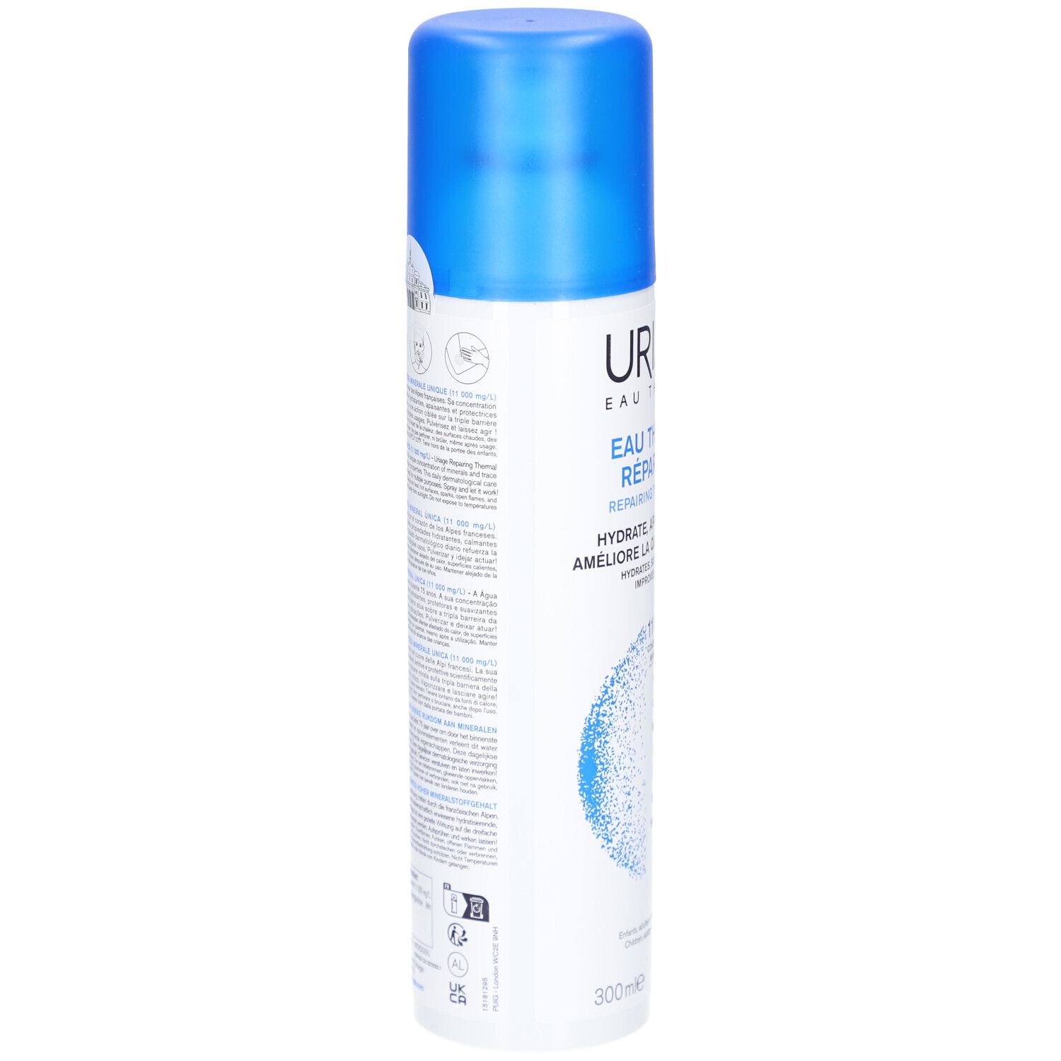 Retro del flacone spray Uriage Eau Thermale. Testo e simboli. Flacone blu con tappo blu.