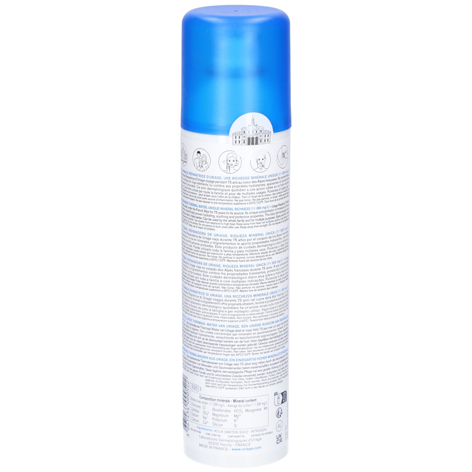 Retro del flacone spray Uriage Eau Thermale. Testo e simboli. Flacone blu con tappo blu.