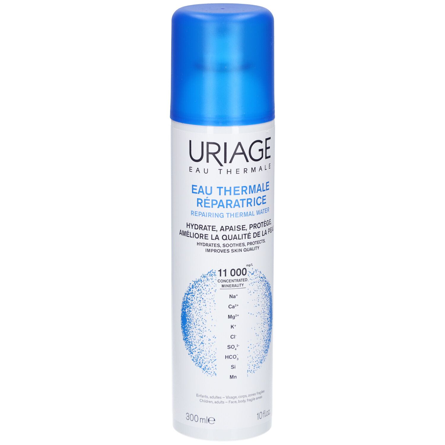 Spray Uriage Eau Thermale. Flacone blu con tappo blu. Testo: Eau Thermale Réparatrice.