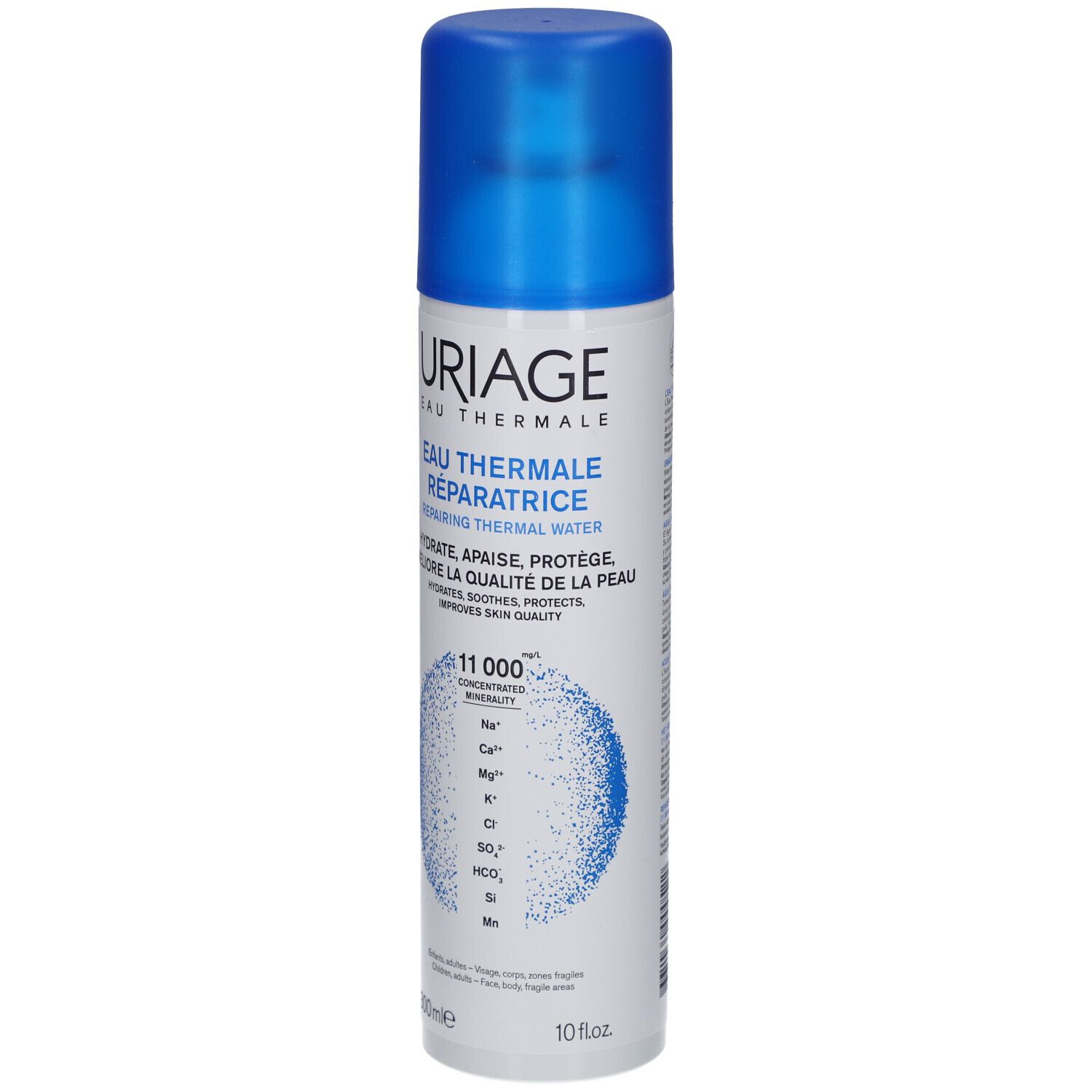 Spray Uriage Eau Thermale. Flacone blu con tappo blu. Testo: Eau Thermale Réparatrice.