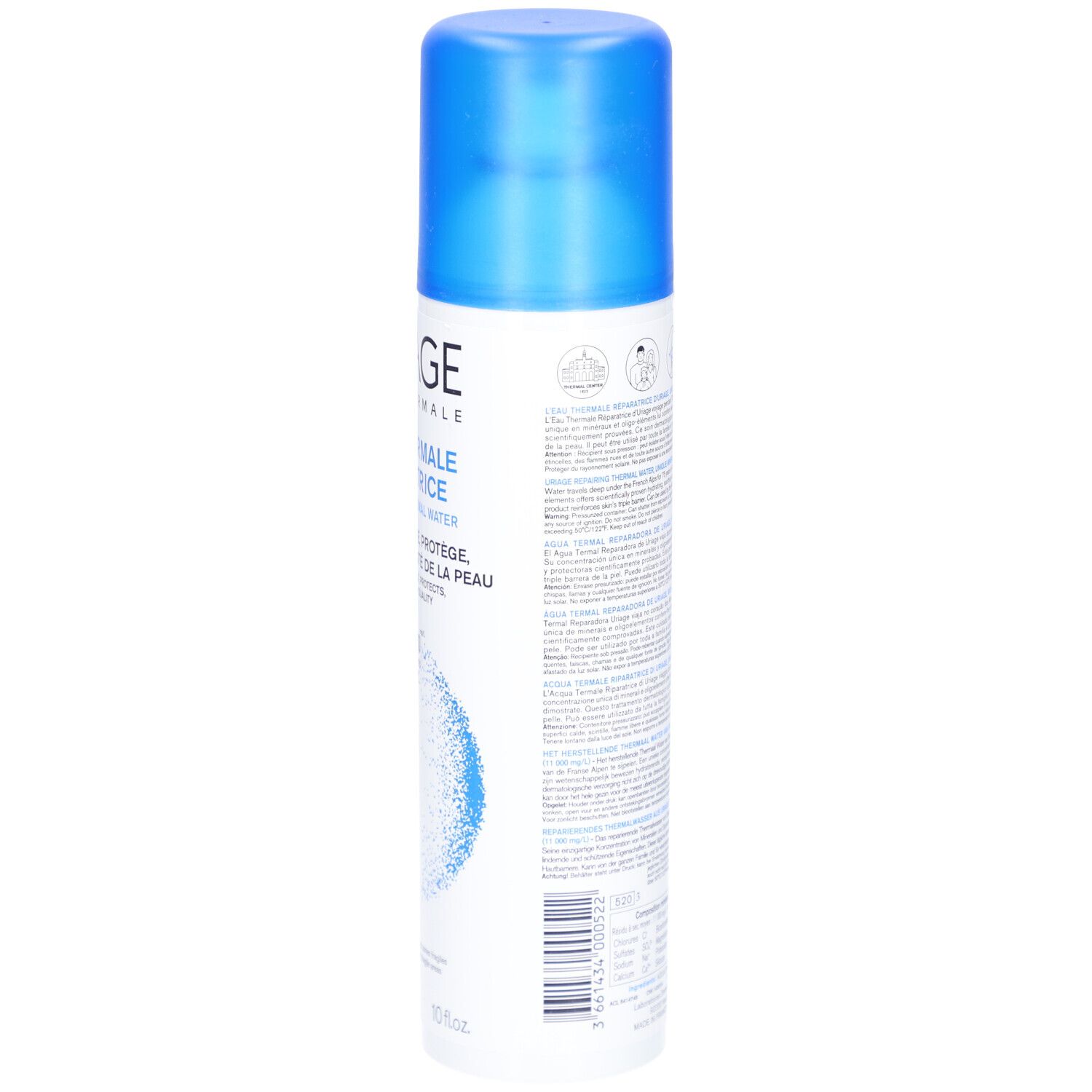 Retro del flacone spray Uriage Eau Thermale. Testo e simboli. Flacone blu con tappo blu.