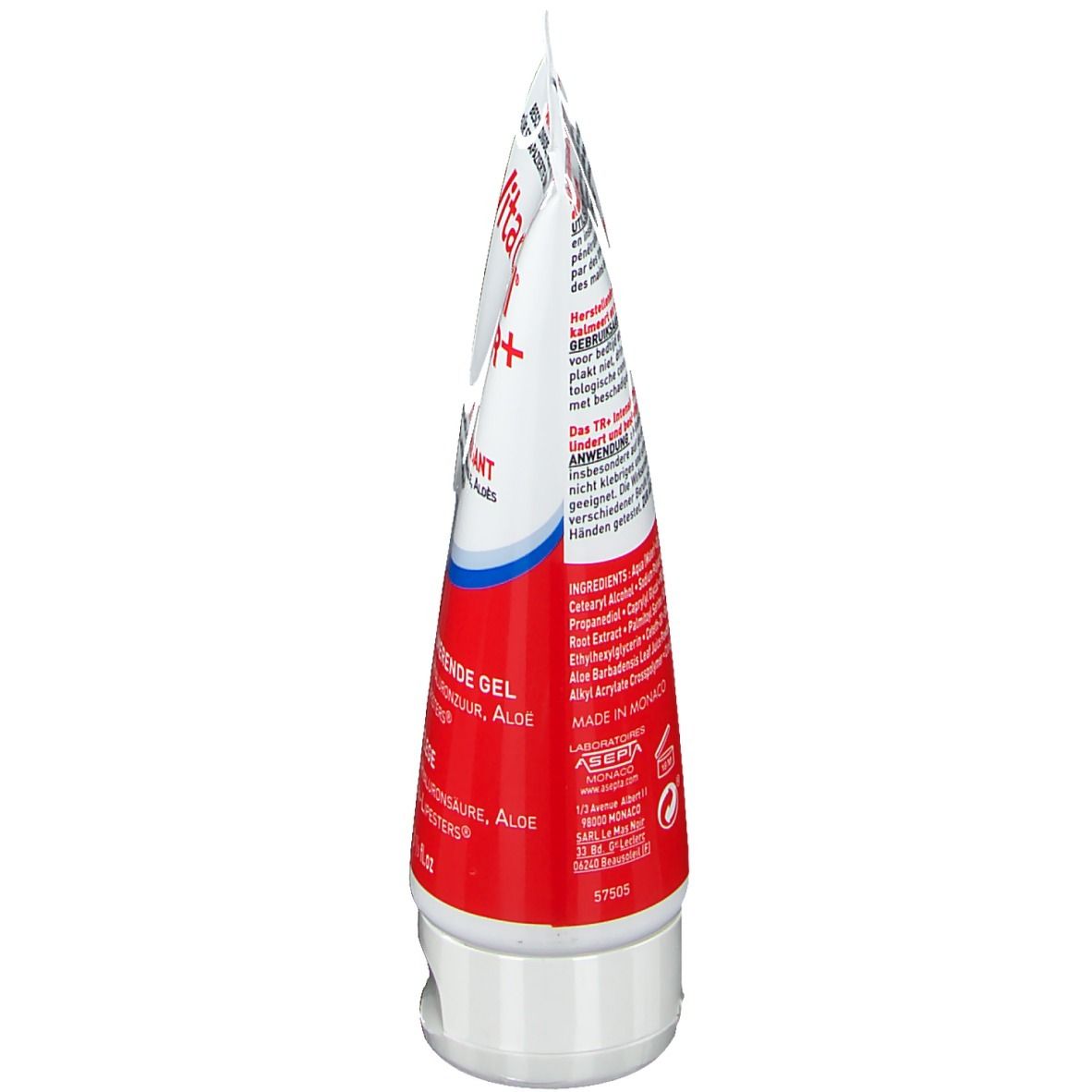 Vista laterale del tubo di gel per le mani. Scritte e ingredienti su sfondo bianco. Striscia rossa.