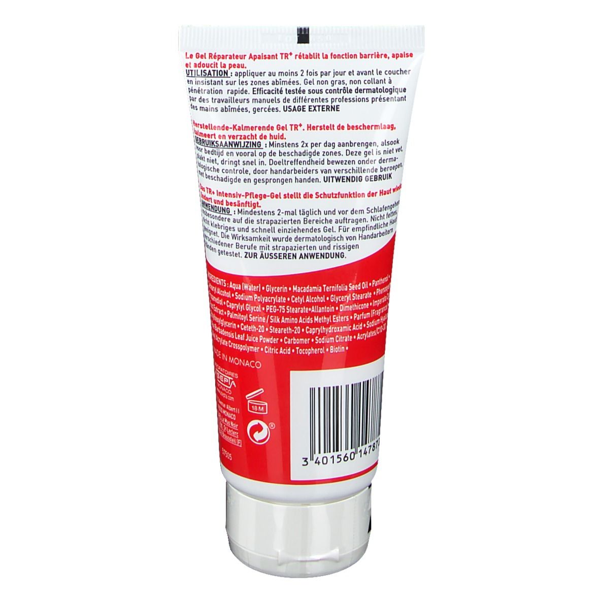 Retro del tubo di gel per le mani. Testo multilingue. Ingredienti e istruzioni per l'uso.