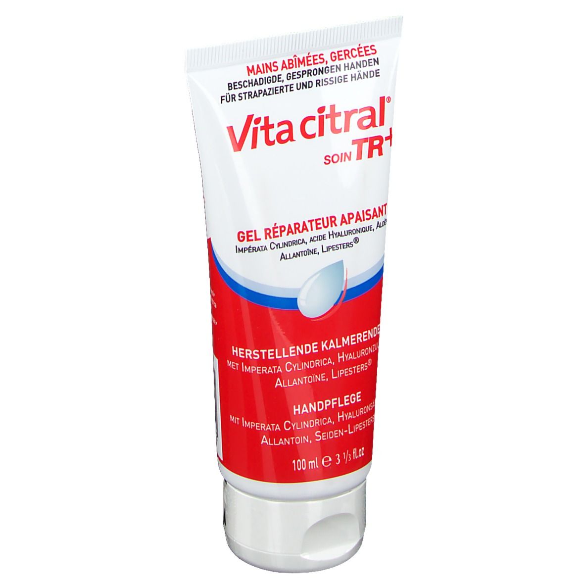 Tubo di gel per le mani Vita Citral. Scritta: "Mains abîmées, gercées". Colori bianco e rosso.