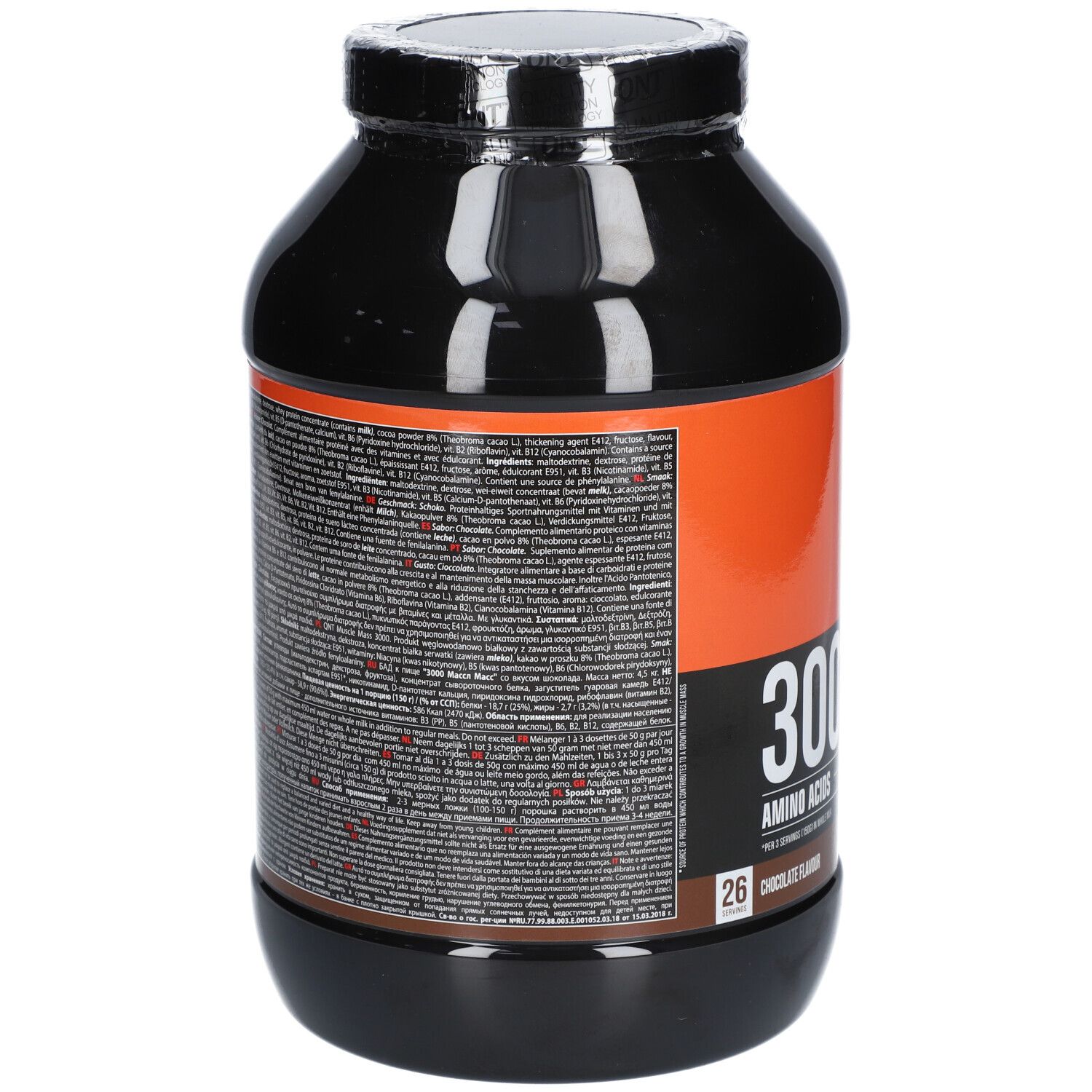 Retro del contenitore con informazioni nutrizionali e lista ingredienti per 3000 Muscle Mass cioccolato.
