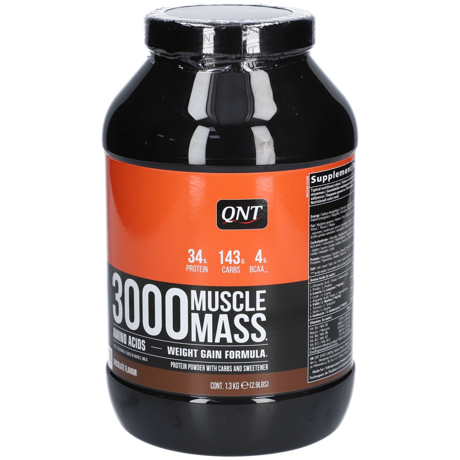 Fronte del contenitore con logo QNT e informazioni sul prodotto per 3000 Muscle Mass cioccolato.