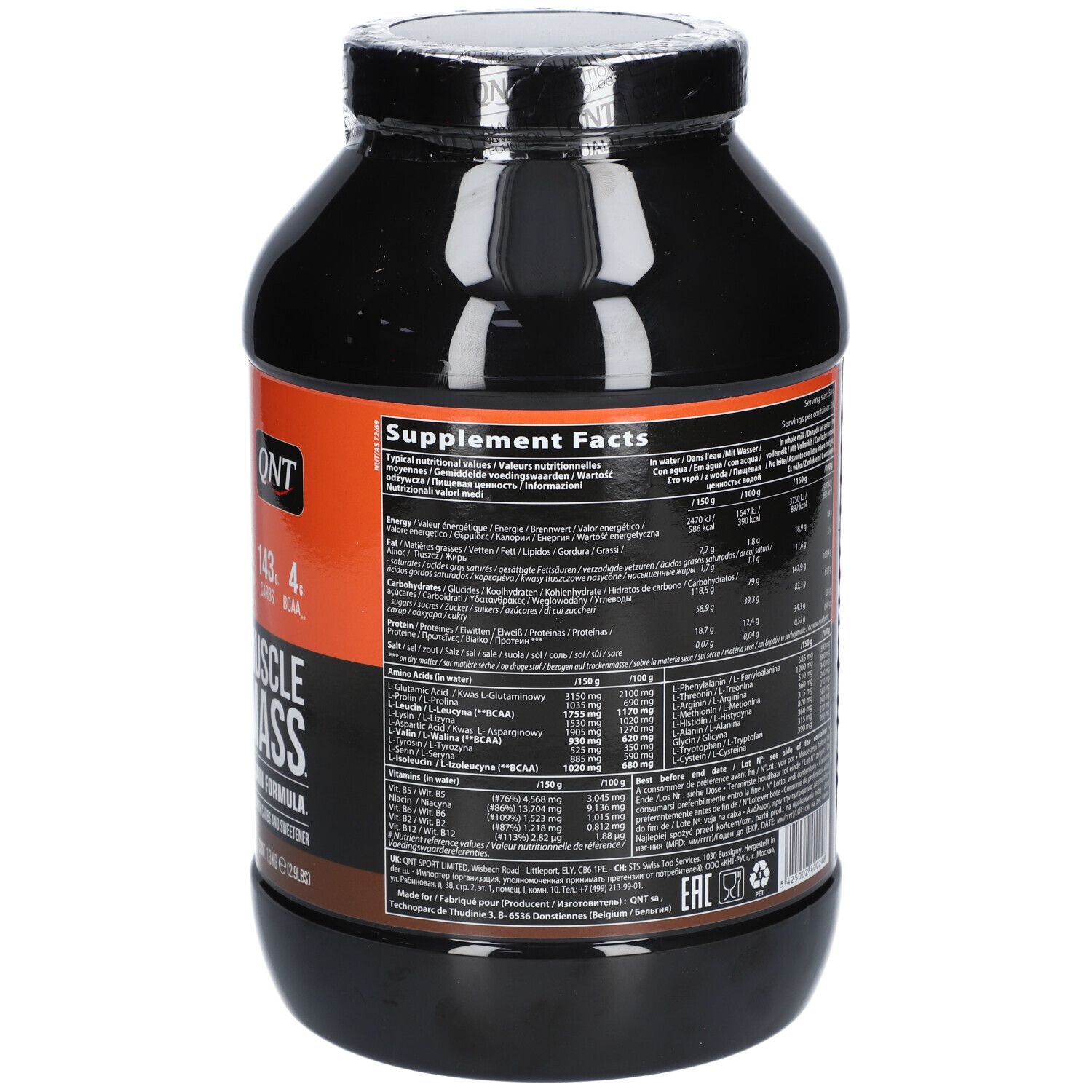 Retro del contenitore con dettagliati Supplement Facts e valori nutrizionali per 3000 Muscle Mass.