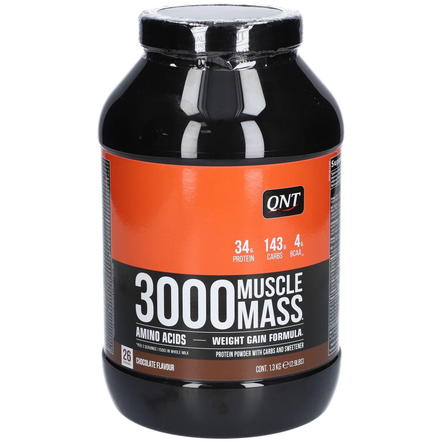 Fronte del contenitore con logo QNT, nome prodotto 3000 Muscle Mass e gusto cioccolato.