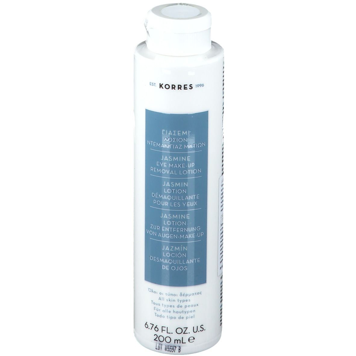 Flacone bianco con etichetta blu. Testo: KORRES, Jasmin Eye Make-up Removal Lotion. 6.76 fl. oz. U.S. 200 ml.