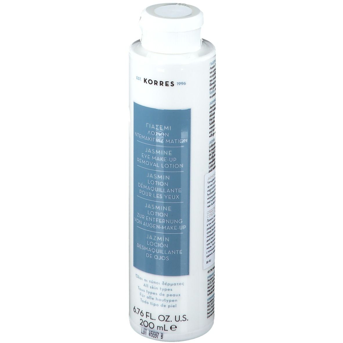 Flacone bianco con etichetta blu. Testo: KORRES, Jasmin Eye Make-up Removal Lotion. 6.76 fl. oz. U.S. 200 ml.