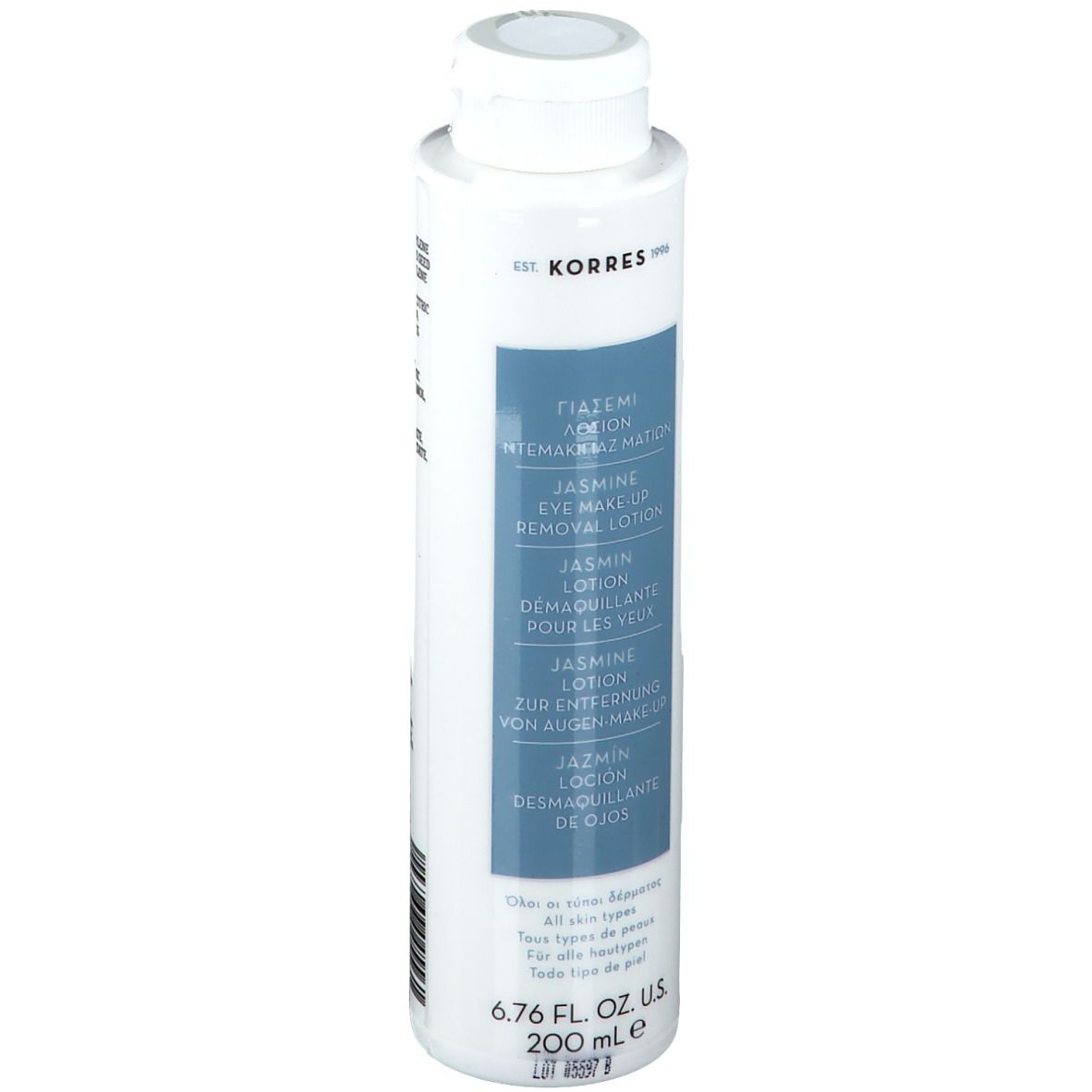 Flacone bianco con etichetta blu. Testo: KORRES, Jasmin Eye Make-up Removal Lotion. 6.76 fl. oz. U.S. 200 ml.