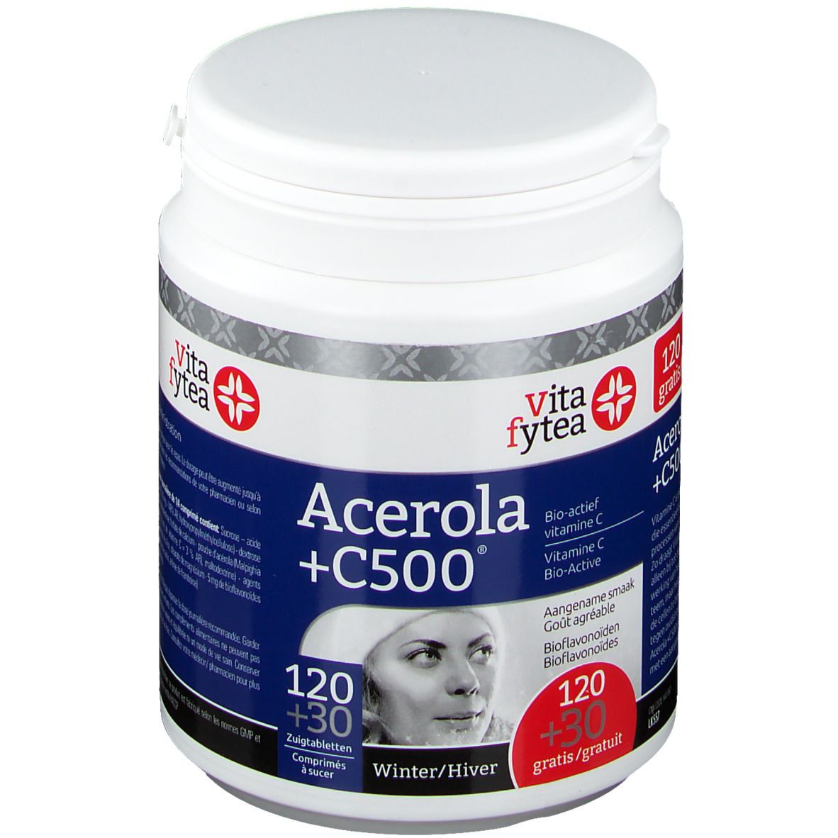 Barattolo bianco con etichetta rossa. Scritta: Acerola +C500, Vita fytea. Contiene 120+30 compresse. Immagine di una donna.