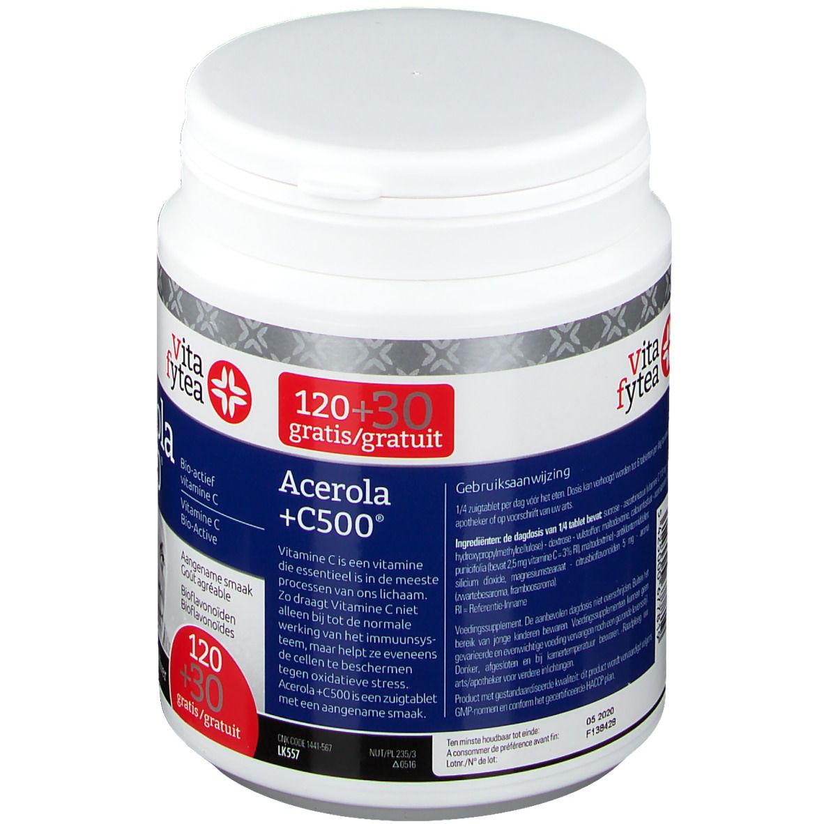 Barattolo bianco con etichetta rossa. Scritta: Acerola +C500, Vita fytea. Contiene 120+30 compresse. Testo in più lingue.