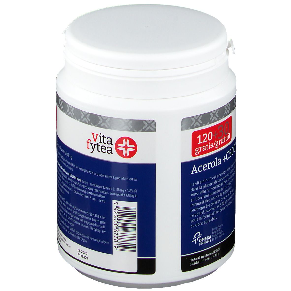 Barattolo bianco con etichetta rossa. Scritta: Acerola +C500, Vita fytea. Contiene 120+30 compresse. Codice a barre e testo.