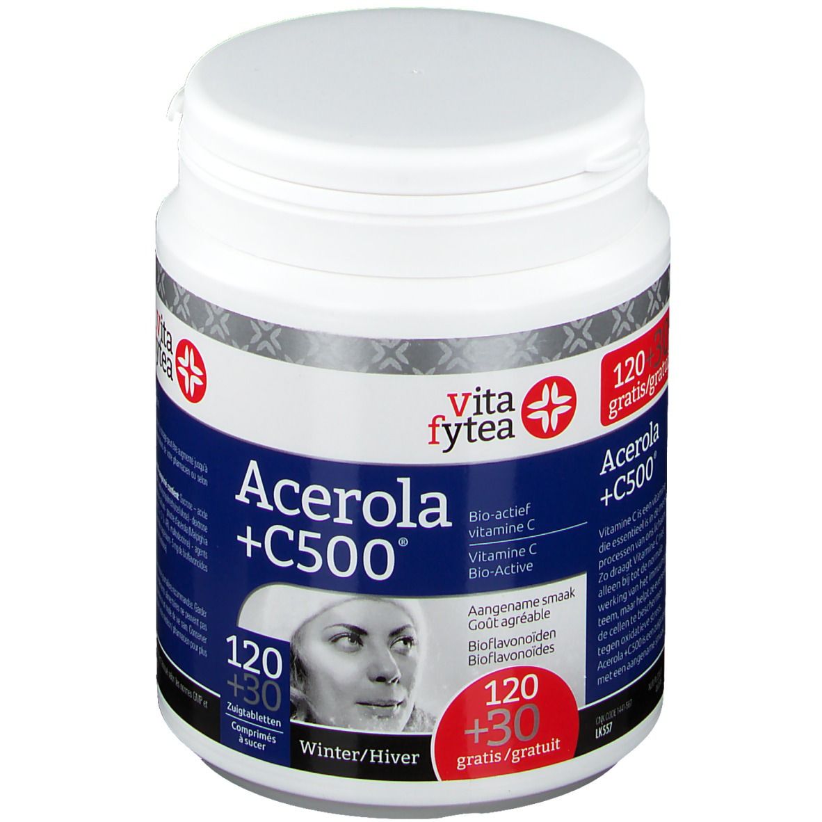 Barattolo bianco con etichetta rossa. Scritta: Acerola +C500, Vita fytea. Contiene 120+30 compresse. Immagine di una donna.