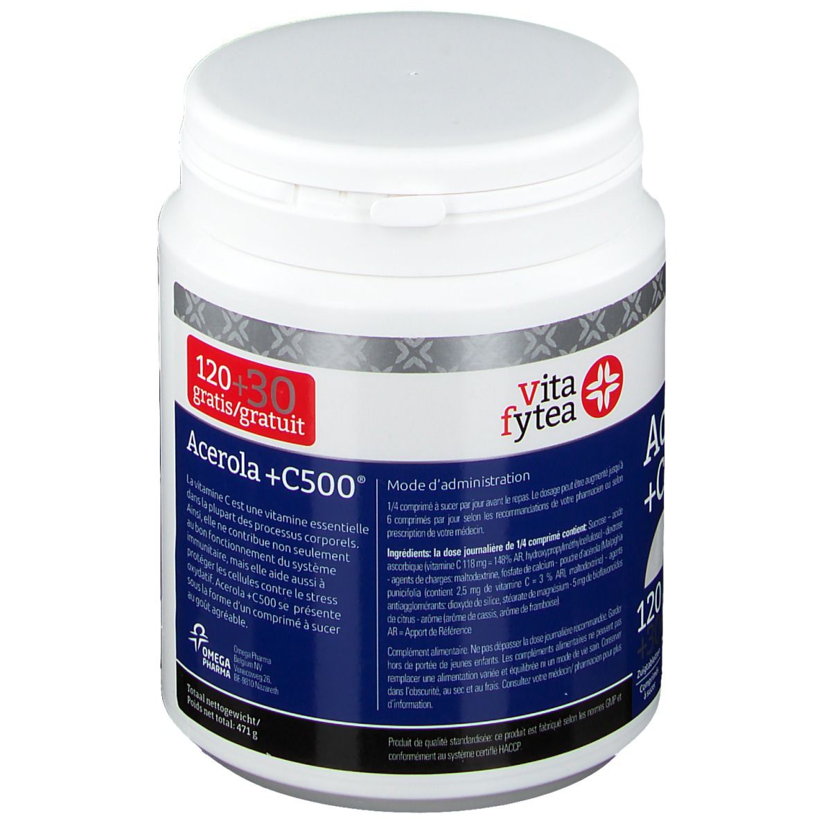 Barattolo bianco con etichetta rossa. Scritta: Acerola +C500, Vita fytea. Contiene 120+30 compresse. Testo in più lingue.