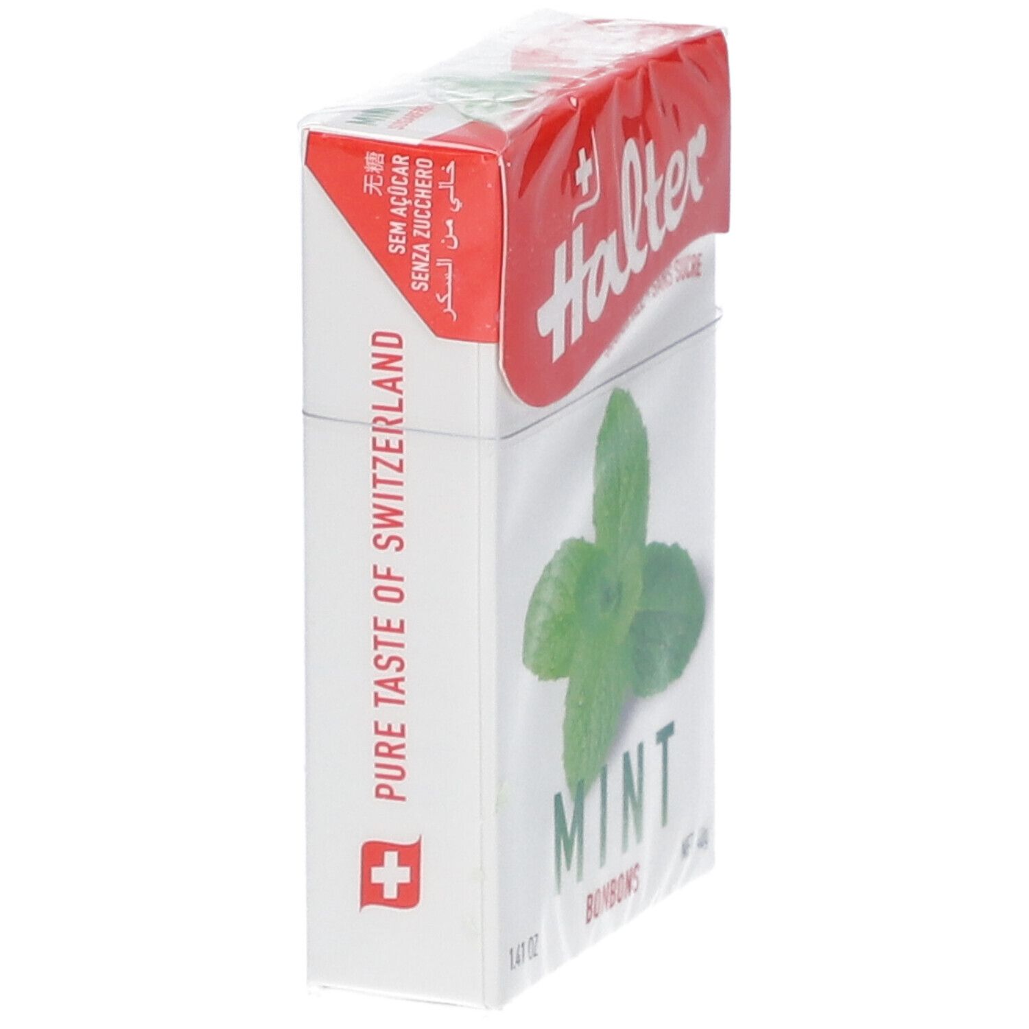 Confezione di Halter Mint Bonbons. Scatola rossa e bianca, vista laterale. Testo: Pure Taste of Switzerland. Illustrazione di menta.