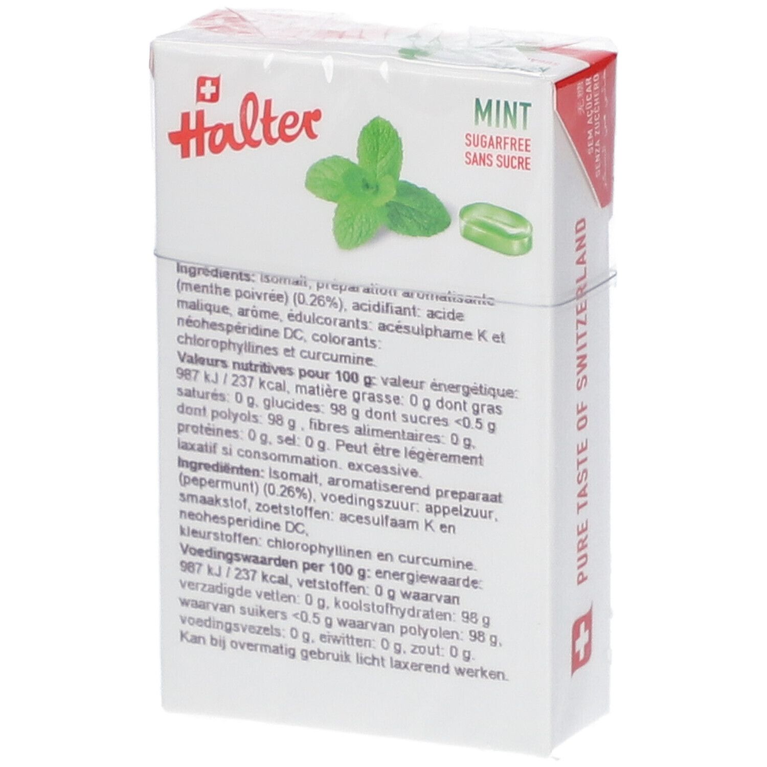 Confezione di Halter Mint Bonbons. Retro con elenco ingredienti e informazioni nutrizionali. Illustrazione di menta e una caramella.