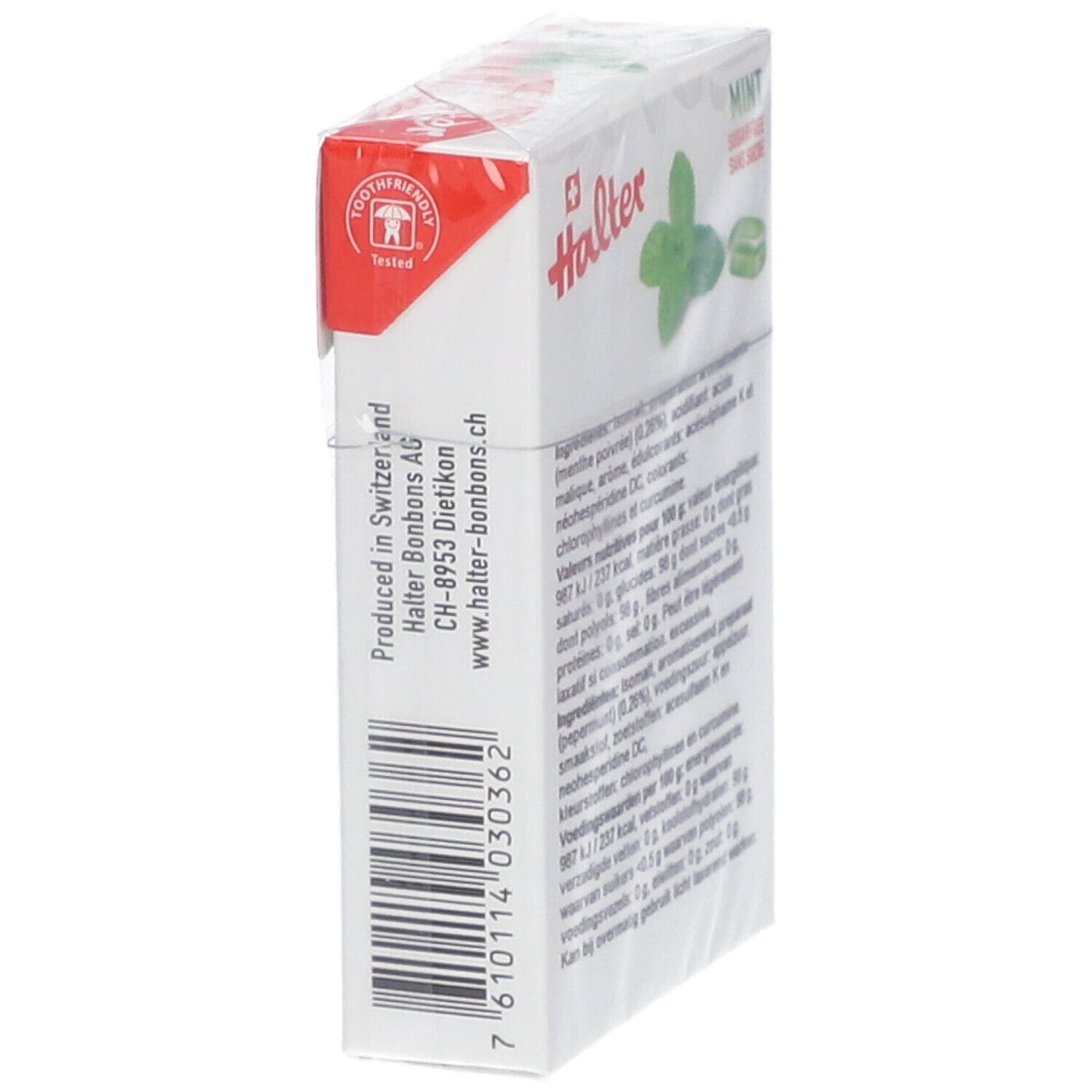 Confezione di Halter Mint Bonbons. Vista laterale con testo e codice a barre. Logo: Tooth Friendly. Prodotto in Svizzera.