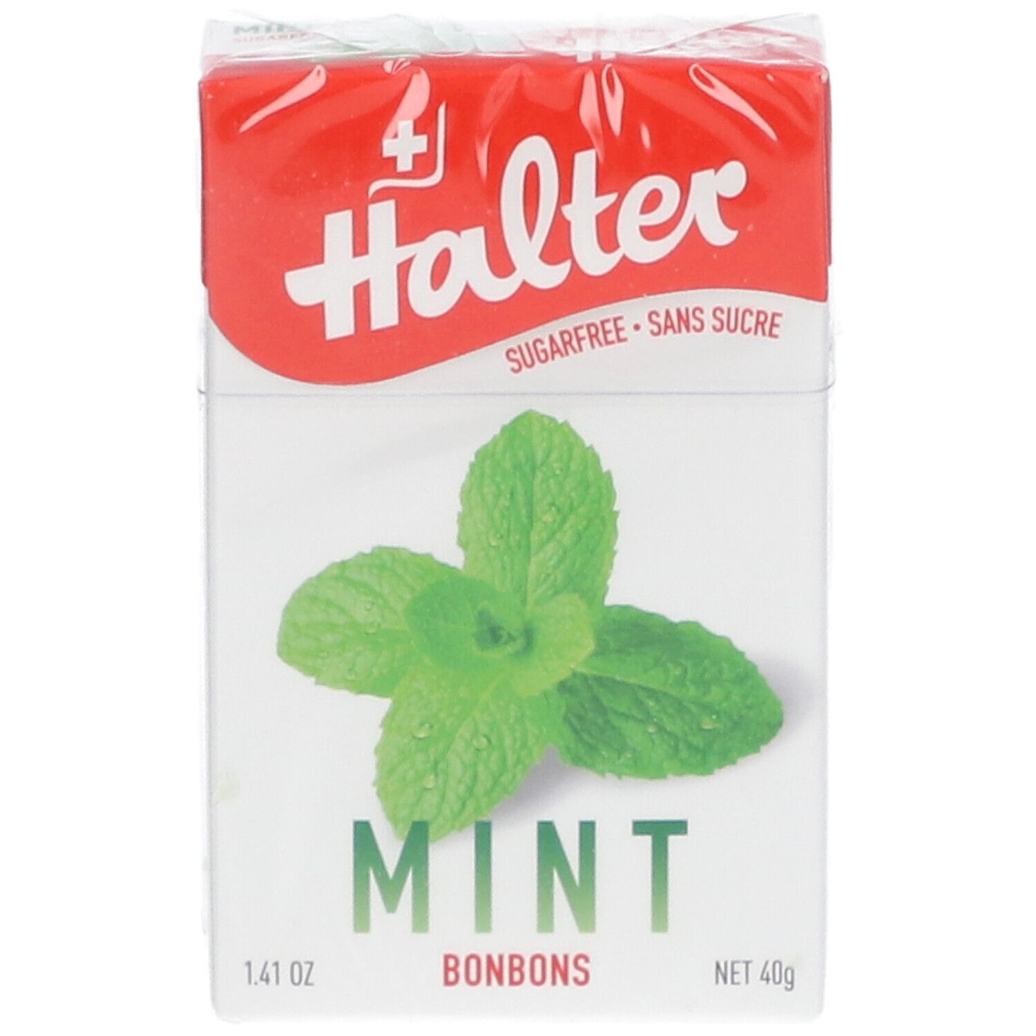Confezione di Halter Mint Bonbons. Scatola rossa e bianca con illustrazione di foglie di menta. Scritta: Senza zucchero. Netto 40g.