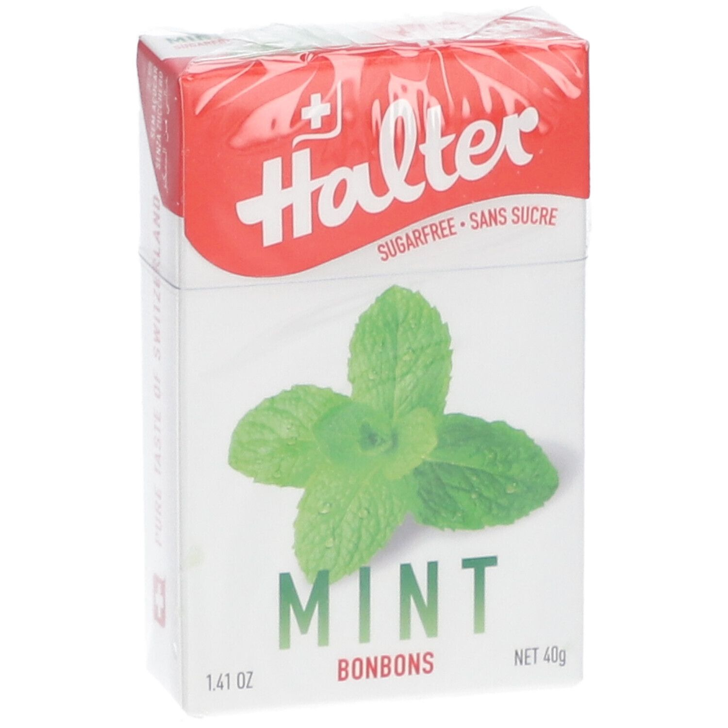 Confezione di Halter Mint Bonbons. Scatola rossa e bianca con illustrazione di foglie di menta. Scritta: Senza zucchero. Netto 40g.