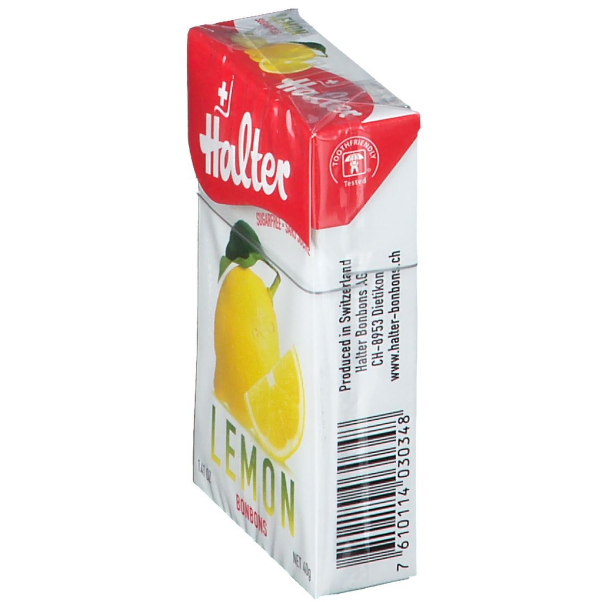 Vista laterale della confezione di Halter Lemon Bonbons. Scatola bianca e rossa con codice a barre e testo.