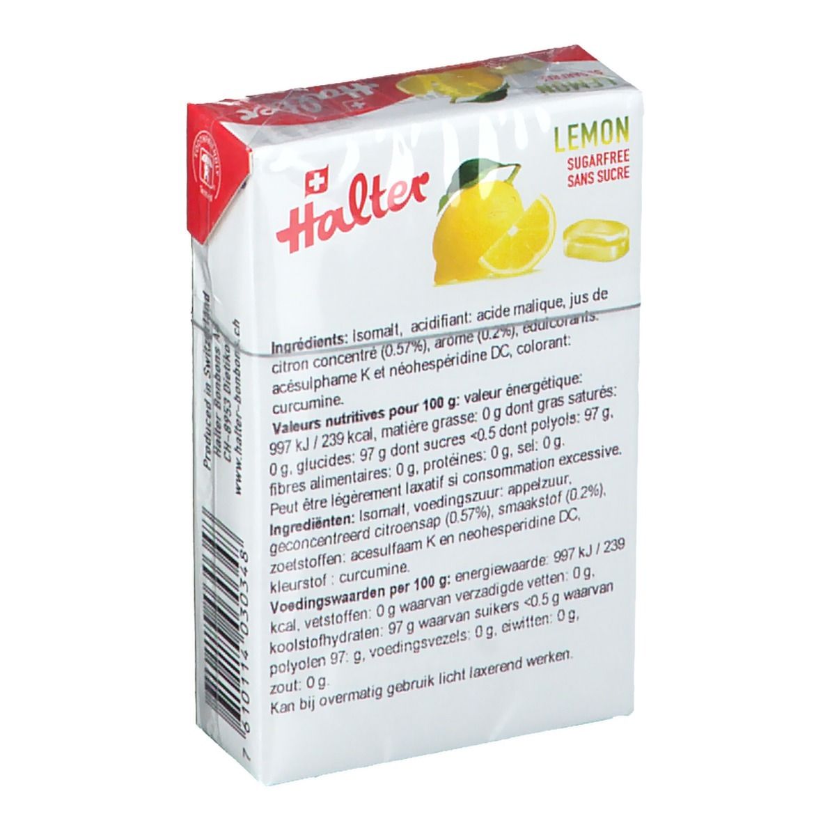 Retro della confezione di Halter Lemon Bonbons. Testo con ingredienti e informazioni nutrizionali.