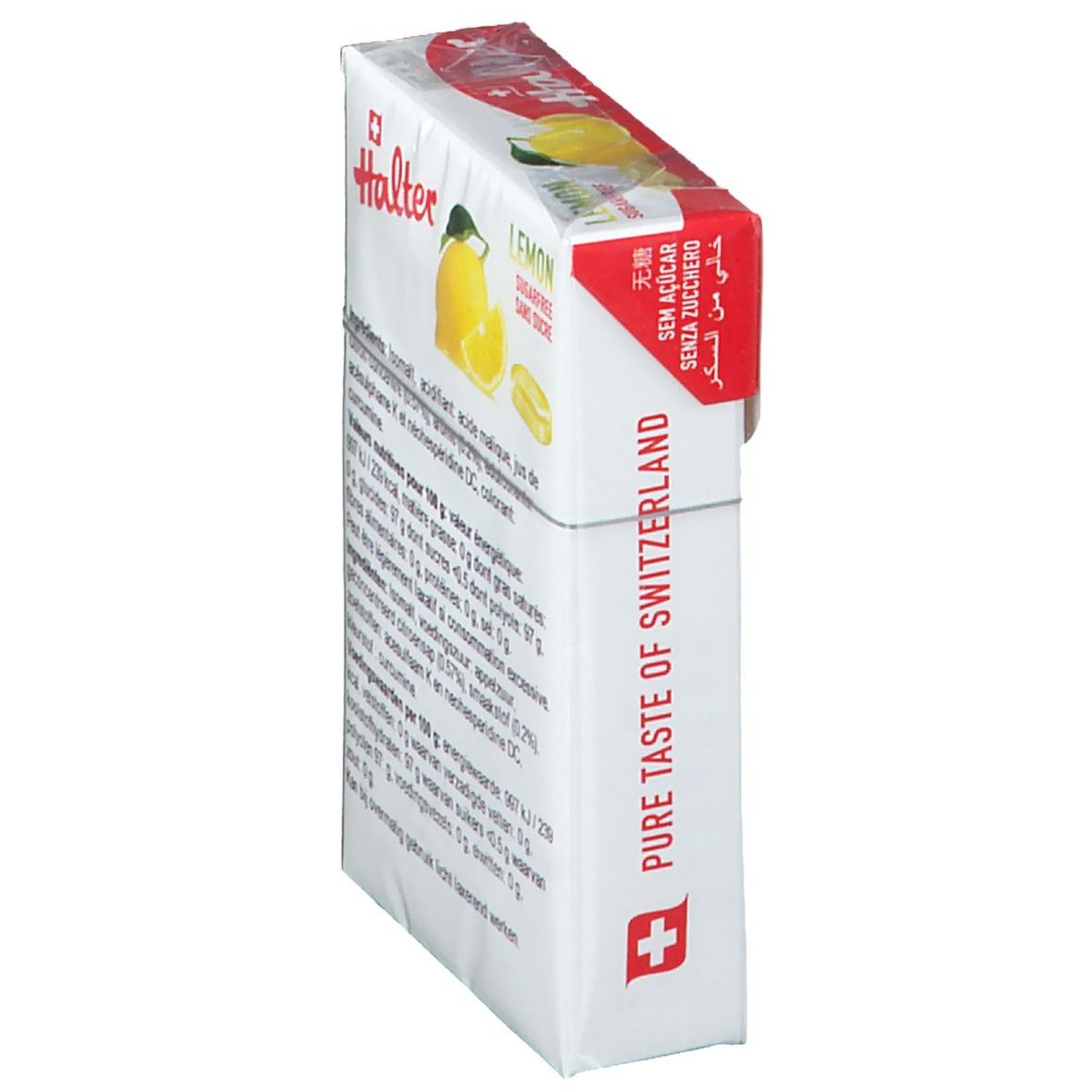 Vista laterale della confezione di Halter Lemon Bonbons. Testo multilingue, croce svizzera.