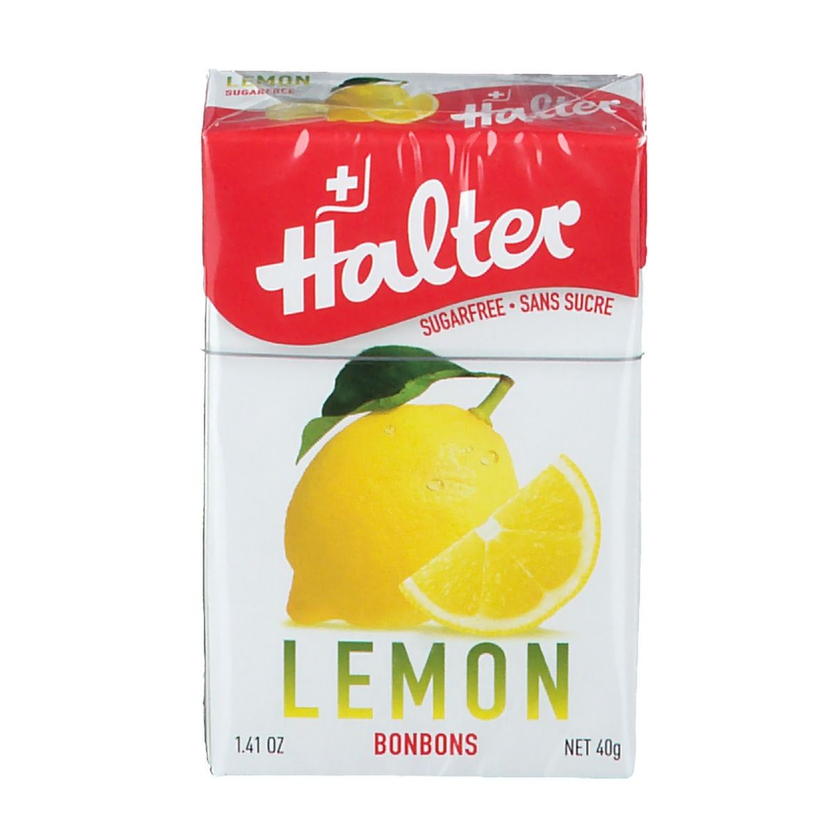 Confezione di Halter Lemon Bonbons. Scatola bianca e rossa con immagine di limone e testo.