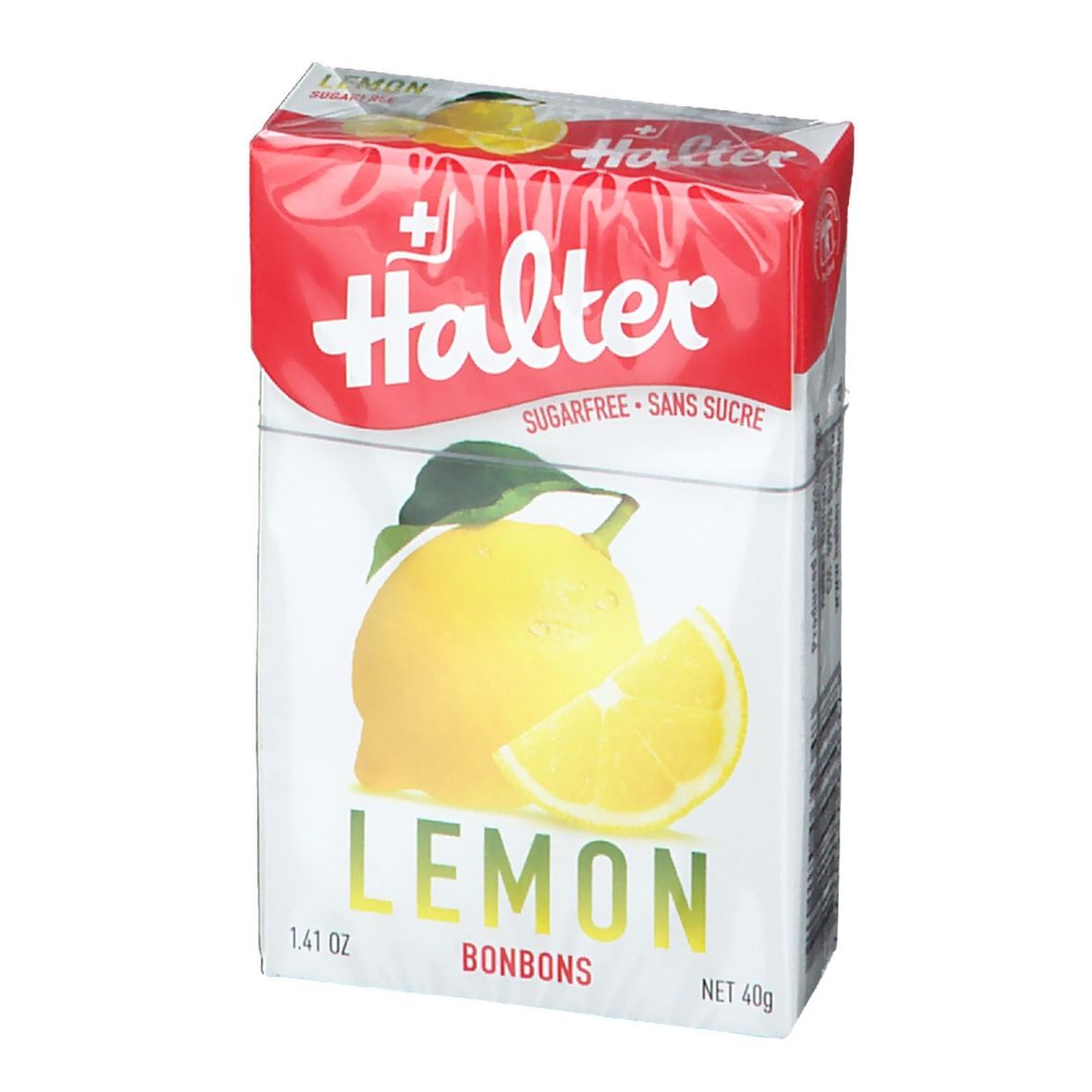 Confezione di Halter Lemon Bonbons. Scatola bianca e rossa con immagine di limone e testo.