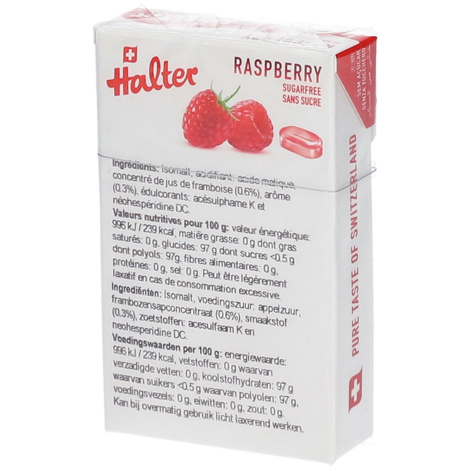 Confezione di bonbons alla lampone. Marchio Halter, croce svizzera. Elenco ingredienti e informazioni nutrizionali.