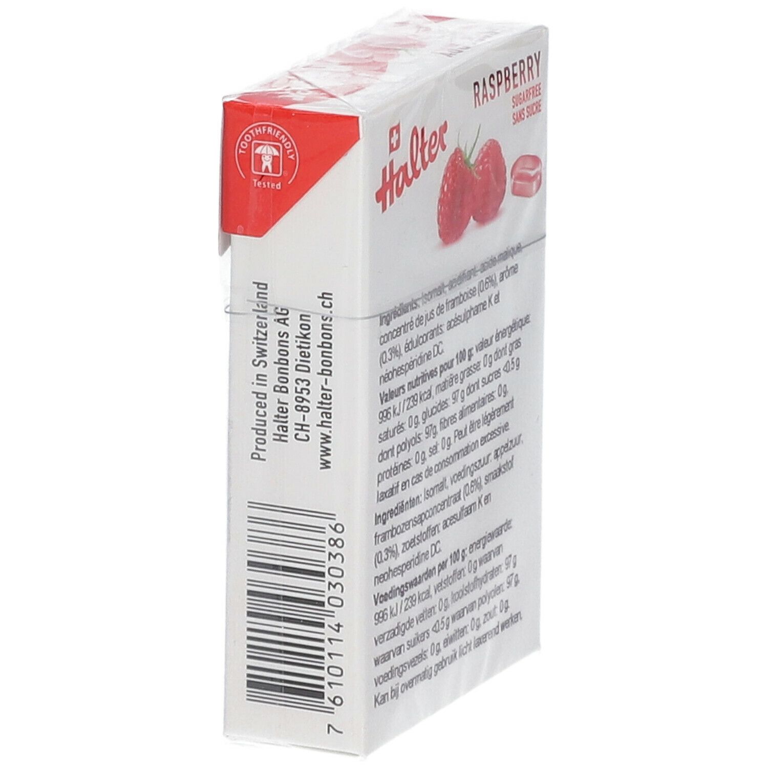 Confezione di bonbons alla lampone. Marchio Halter, croce svizzera. Codice a barre e informazioni del produttore.