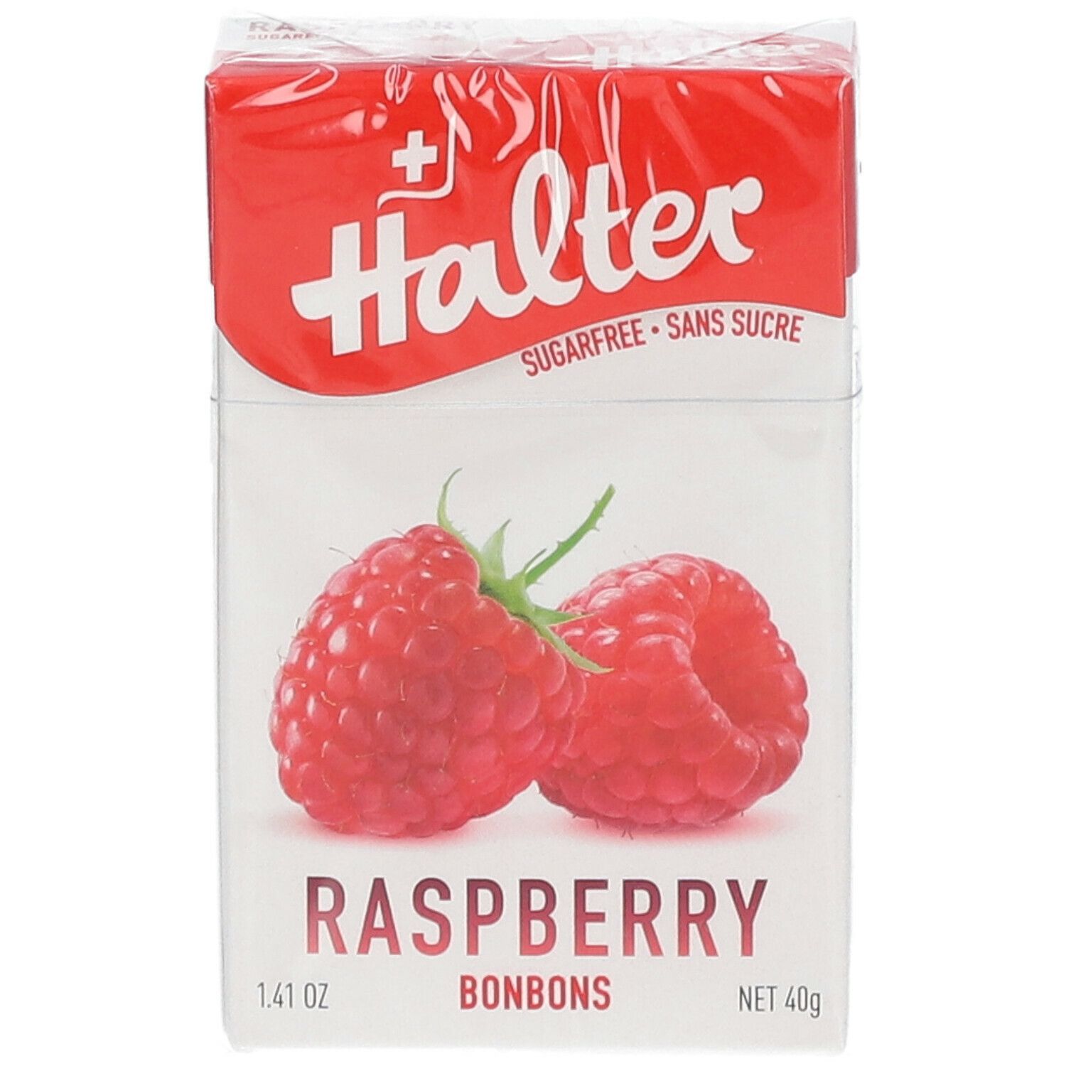 Confezione di bonbons alla lampone. Marchio Halter, croce svizzera. Testo: Senza zucchero, lampone, 1.41 oz, 40g.