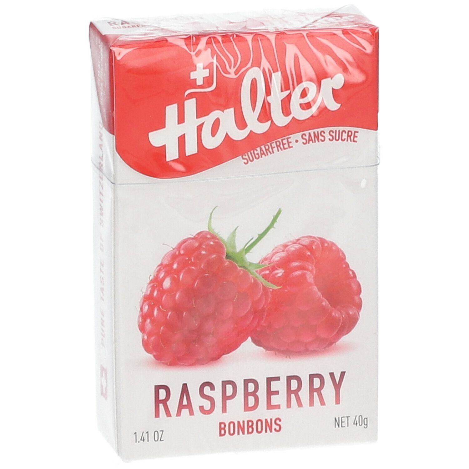 Confezione di bonbons alla lampone. Marchio Halter, croce svizzera. Testo: Senza zucchero, lampone, 1.41 oz, 40g.