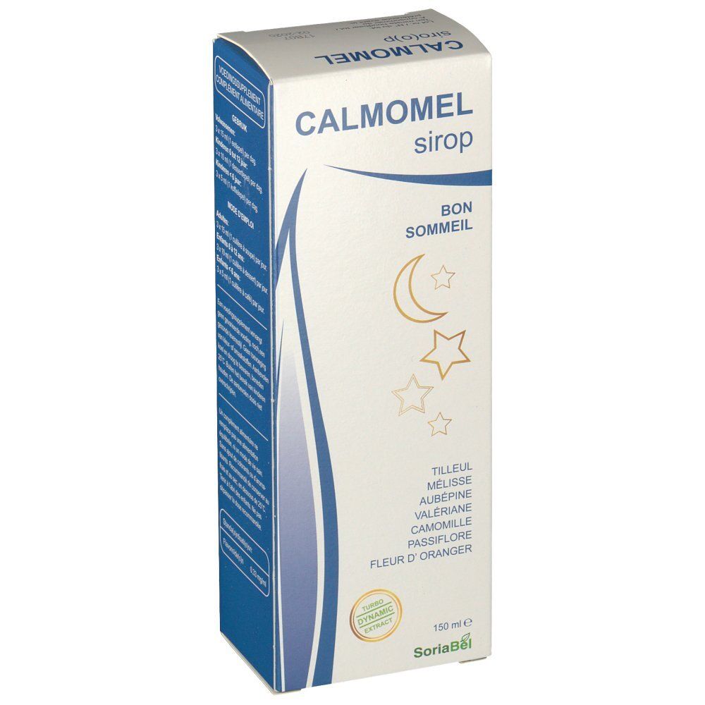 Confezione di sciroppo CALMOMEL. Scritta "Bon Sommeil" con luna e stelle. Elenco ingredienti e logo SoriaBel. Contenuto 150 ml.