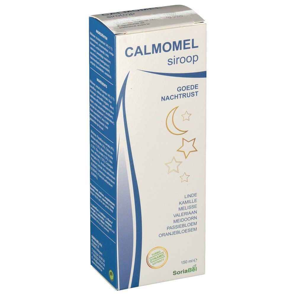 Confezione di sciroppo CALMOMEL. Scritta "Goede Nachtrust" con luna e stelle. Logo SoriaBel. Contenuto 150 ml.