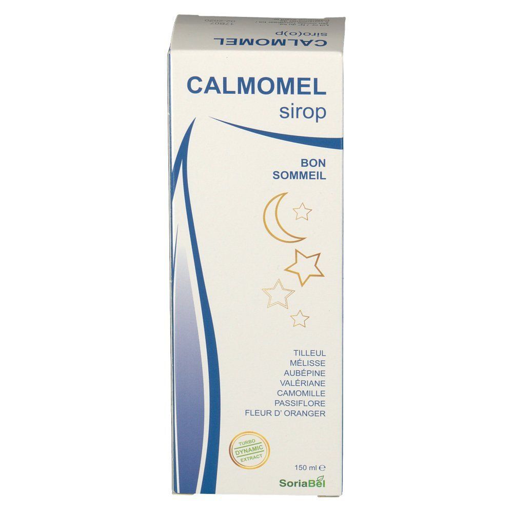 Confezione di sciroppo CALMOMEL. Scritta "Bon Sommeil" con luna e stelle. Logo SoriaBel. Contenuto 150 ml.