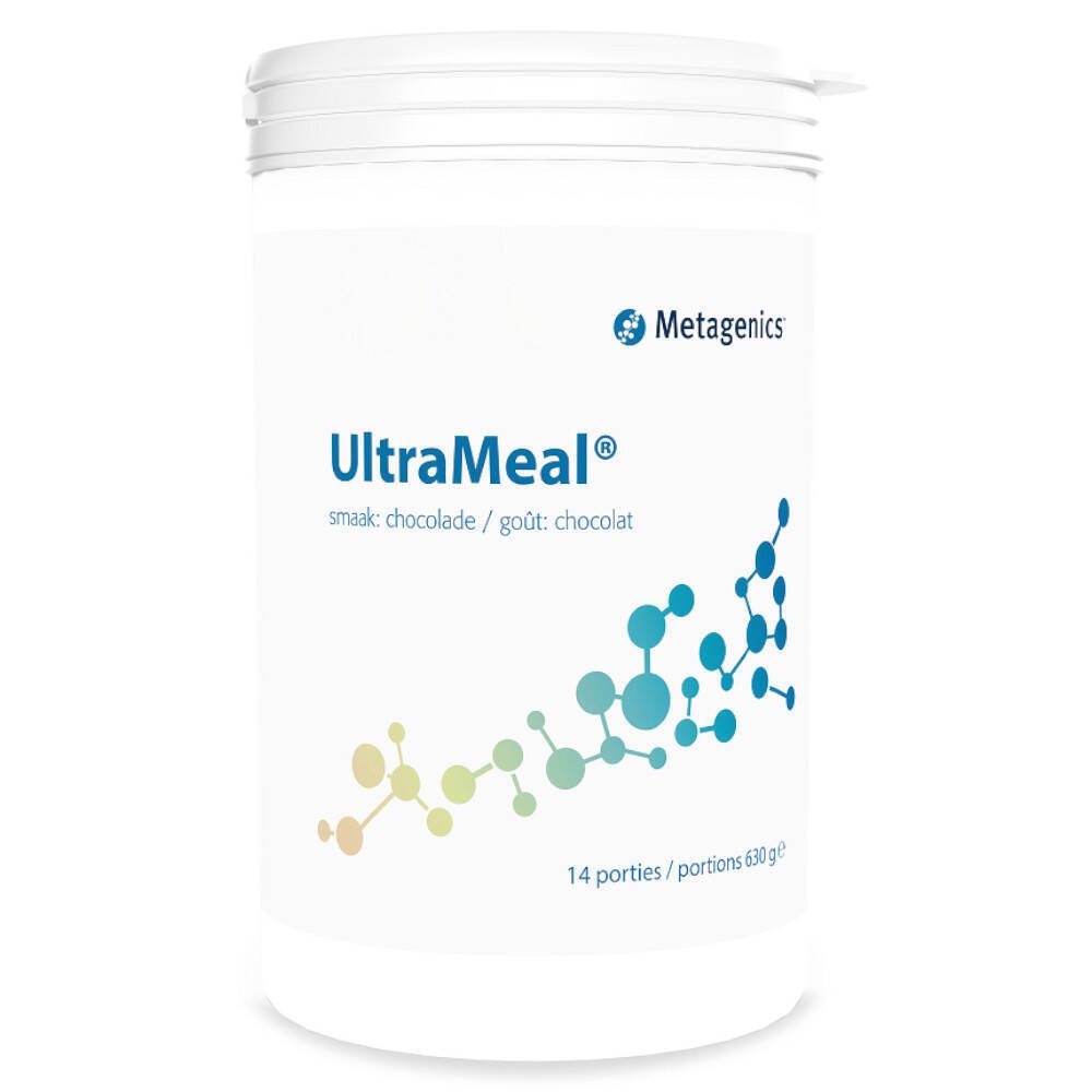 Contenitore bianco Ultrameal Chocolat. Scritta: Metagenics, UltraMeal, gusto cioccolato. 14 porzioni.