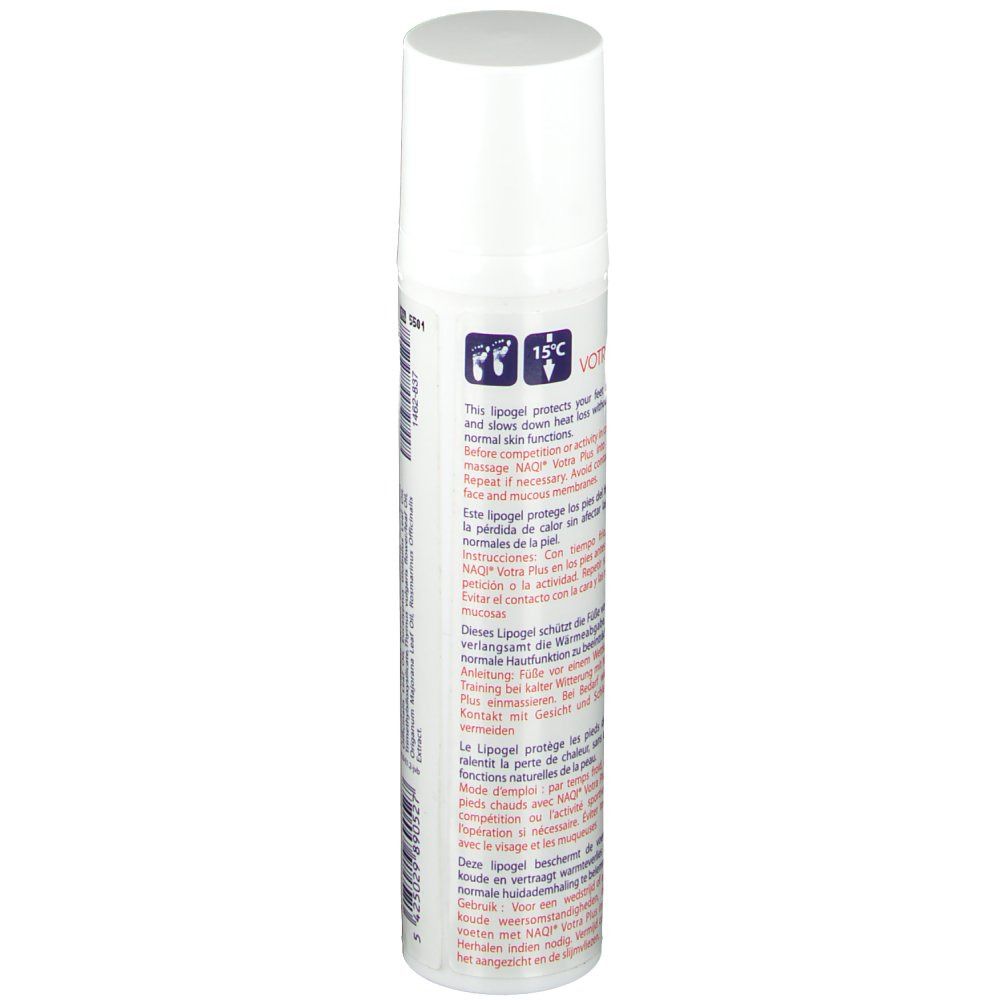 Flacone NAQI® Votra Plus con testo. Informazioni sull'uso e indicazioni di temperatura.