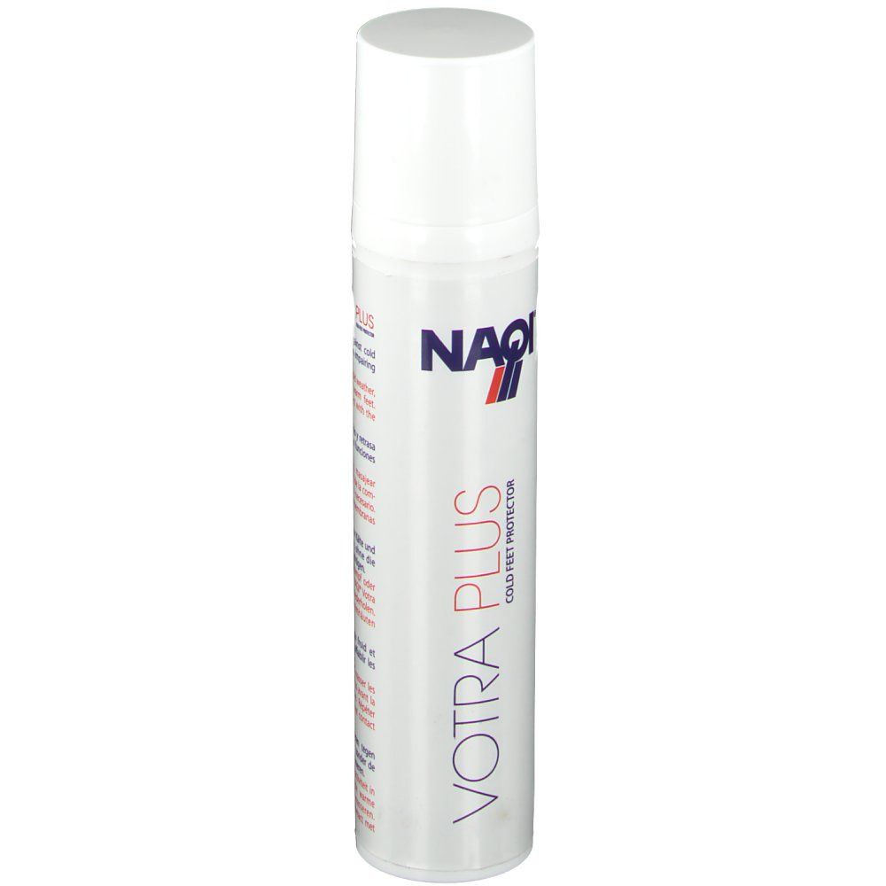 Flacone bianco NAQI® Votra Plus con erogatore spray. Nome e logo del prodotto visibili.