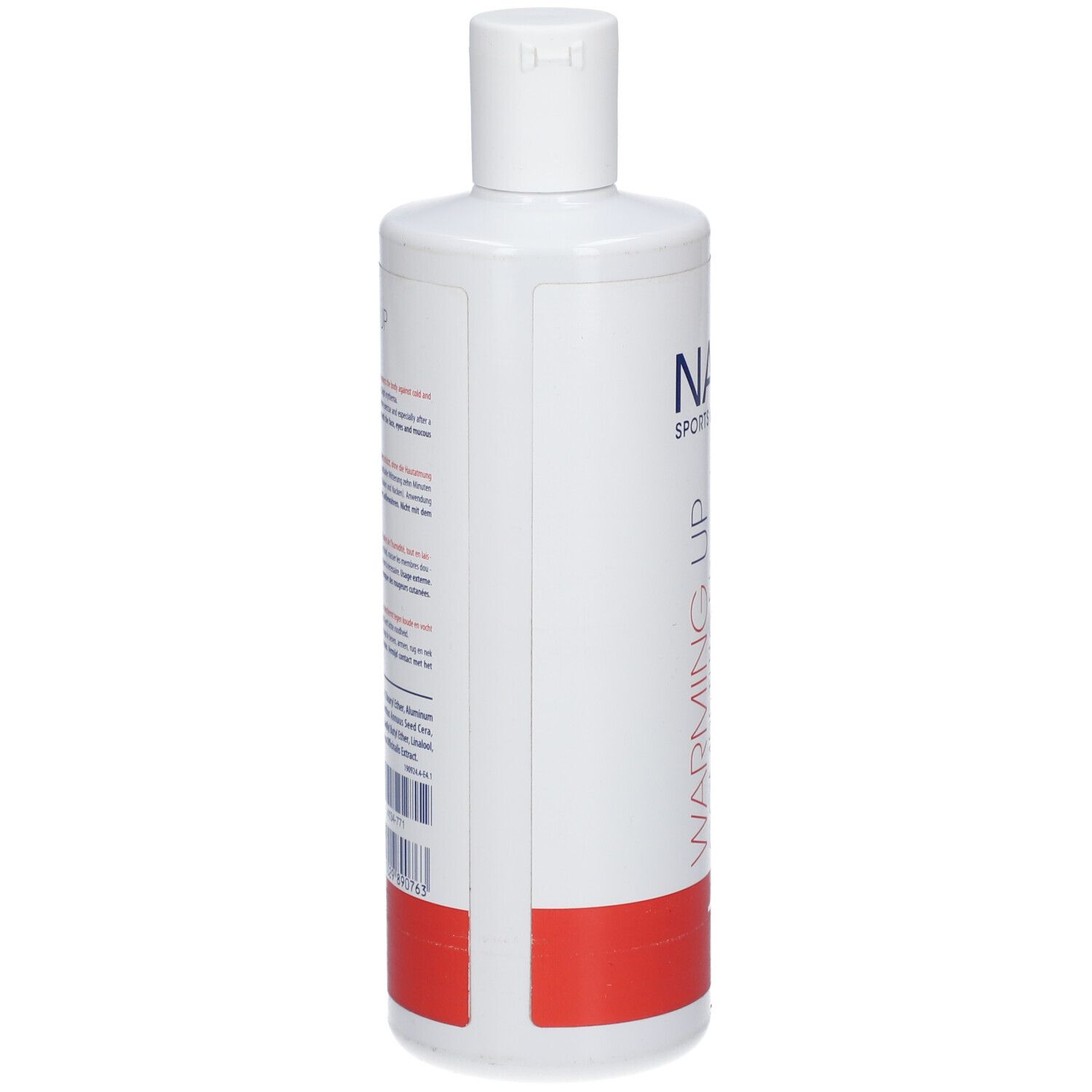 Flacone bianco con testo. Retro di NAQI Sports Lotions Warming Up Competition 1. Striscia rossa in basso.