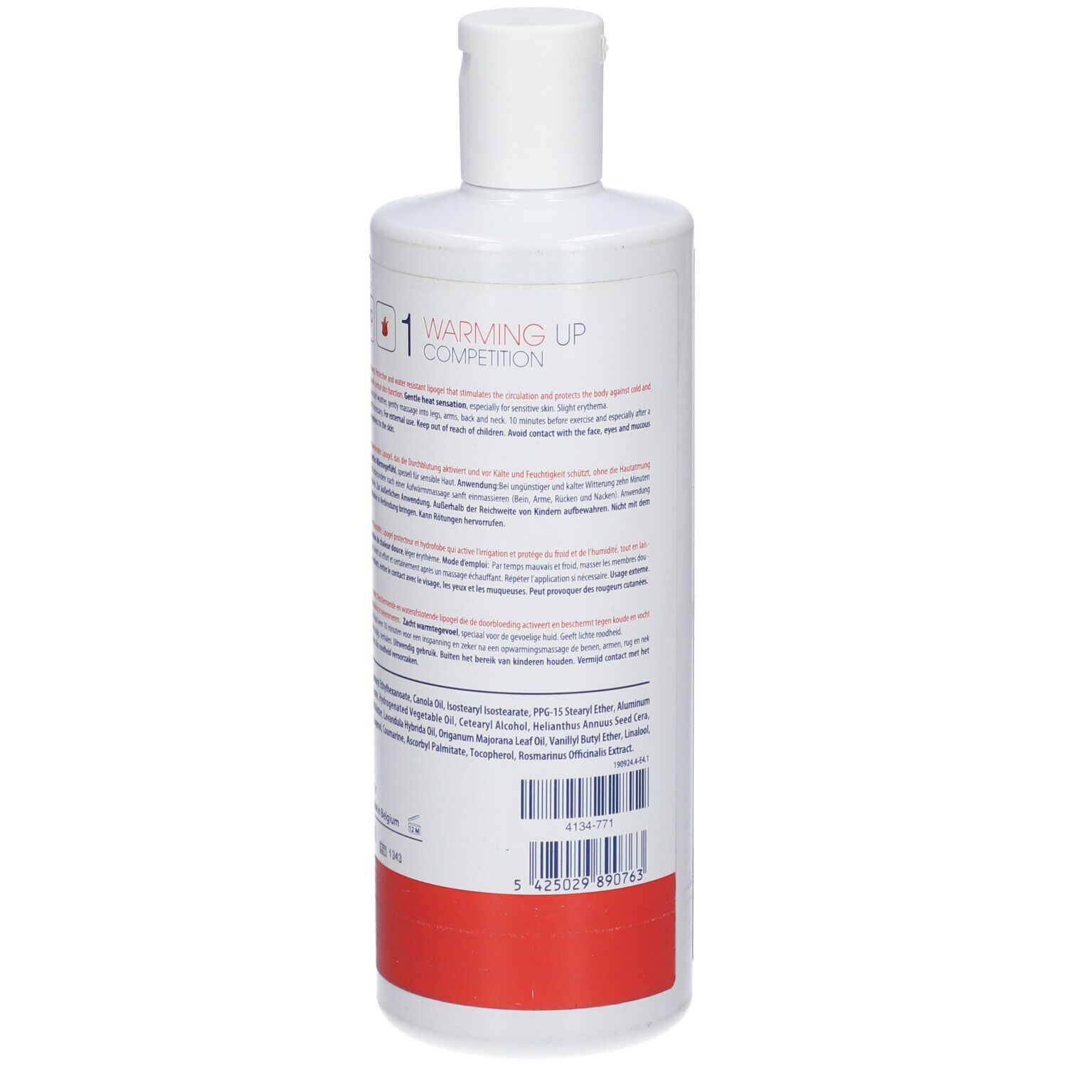 Retro del flacone bianco NAQI Sports Lotions Warming Up Competition 1. Testo e codice a barre. Striscia rossa in basso.