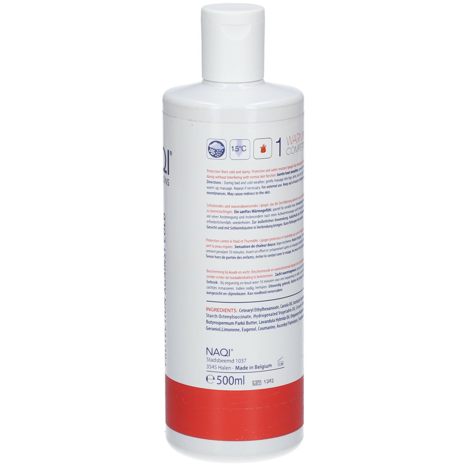 Retro del flacone bianco NAQI Sports Lotions Warming Up Competition 1. Testo, E500ml. Striscia rossa in basso.