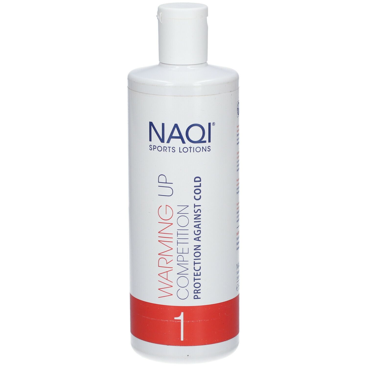 Flacone bianco NAQI Sports Lotions Warming Up Competition 1. Striscia rossa in basso. Tappo bianco.