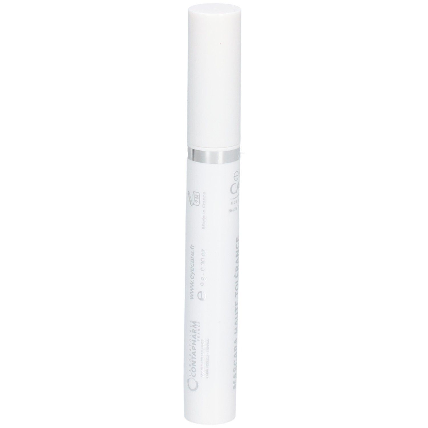 Tubo mascara bianco con anello argentato. Testo: www.eyecare.fr, Containpharm.