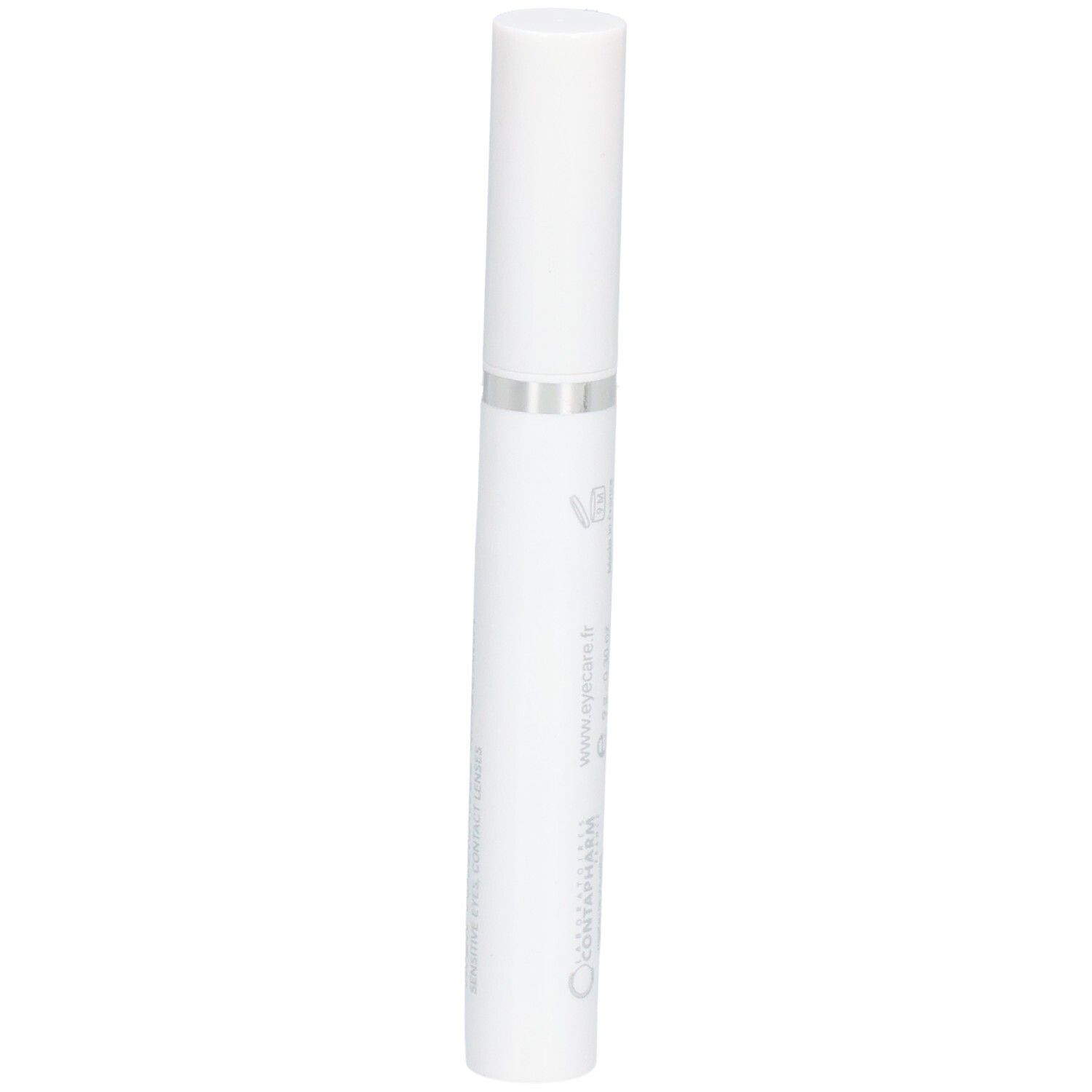 Tubo mascara bianco con anello argentato. Testo: www.eyecare.fr, Containpharm.