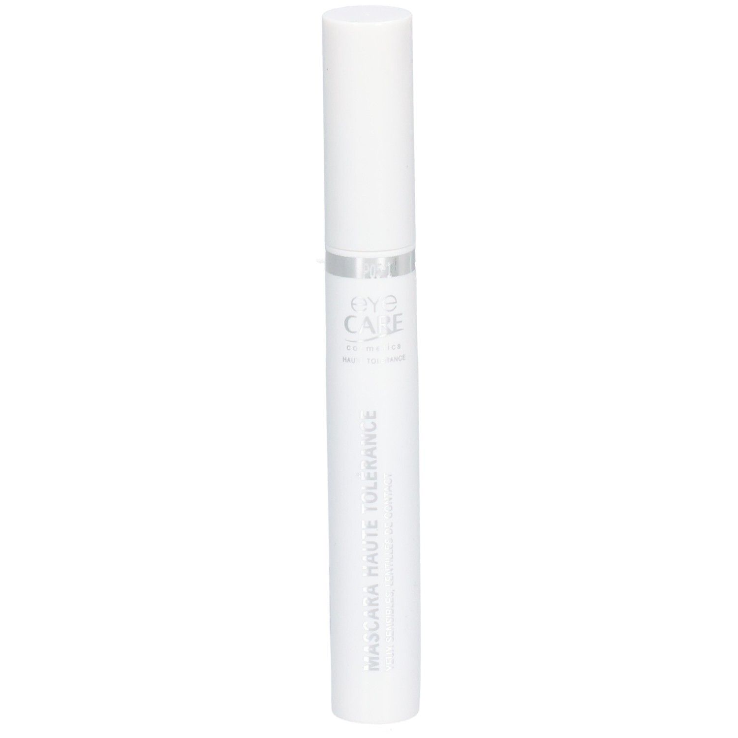 Tubo mascara bianco con anello argentato. Testo: Mascara Haute Tolérance, occhi sensibili.