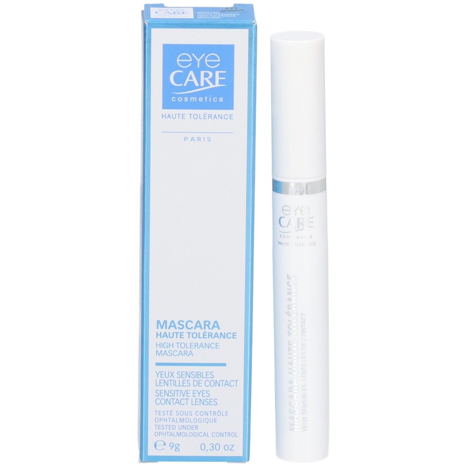 Confezione mascara con mascara bianco e scatola blu. Testo: Eye Care, Haute Tolérance, Paris.