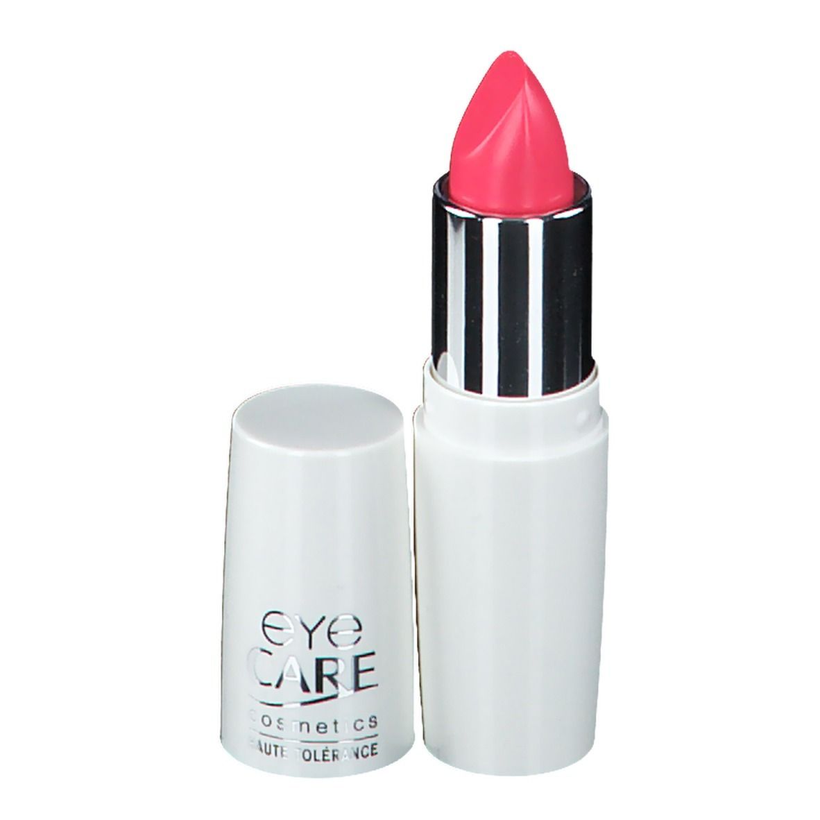 Rossetto rosa chiaro in un contenitore bianco con cappuccio aperto. Il rossetto è visibile.